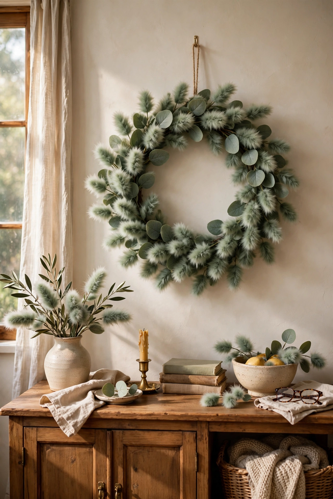 Faux eucalyptus wreath hung on a living room wall above a sideboard