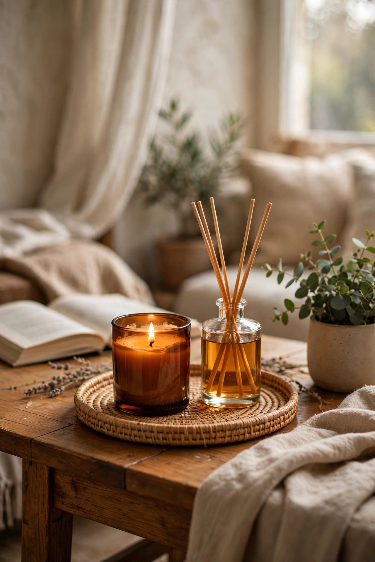Scented candle and reed diffuser in matching scents on a small round tray