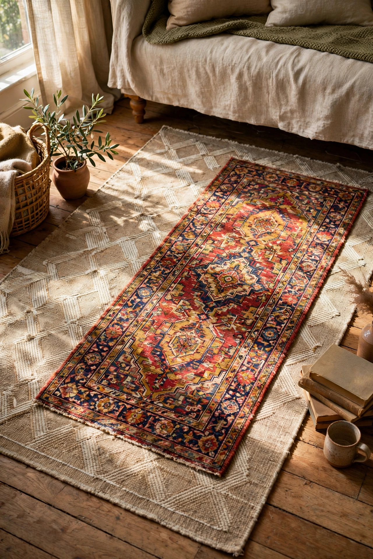Two mismatched vintage rugs layered at an angle on a wooden living room floor