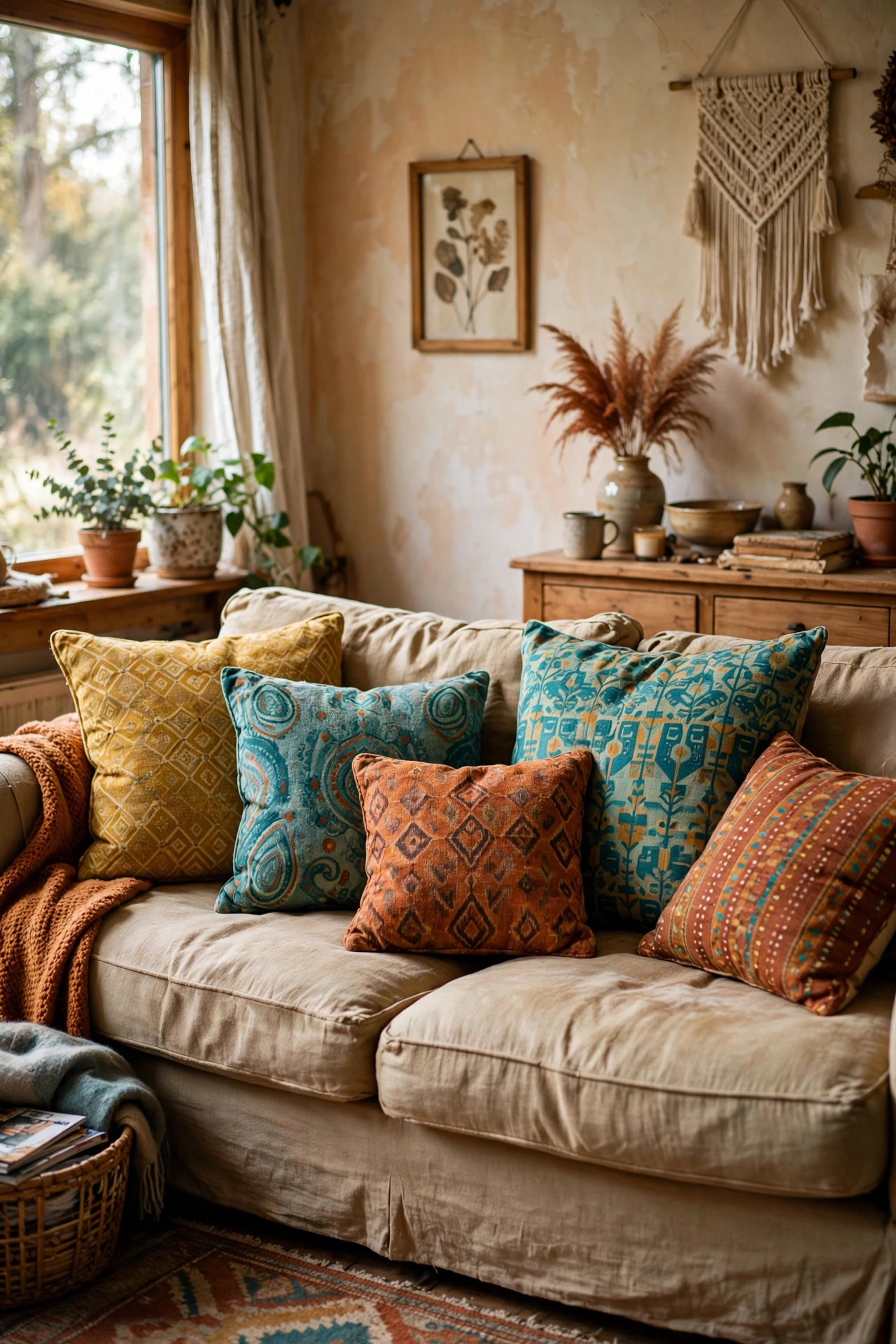 Eclectic sofa with five clashing patterned cushions in mustard, teal and rust