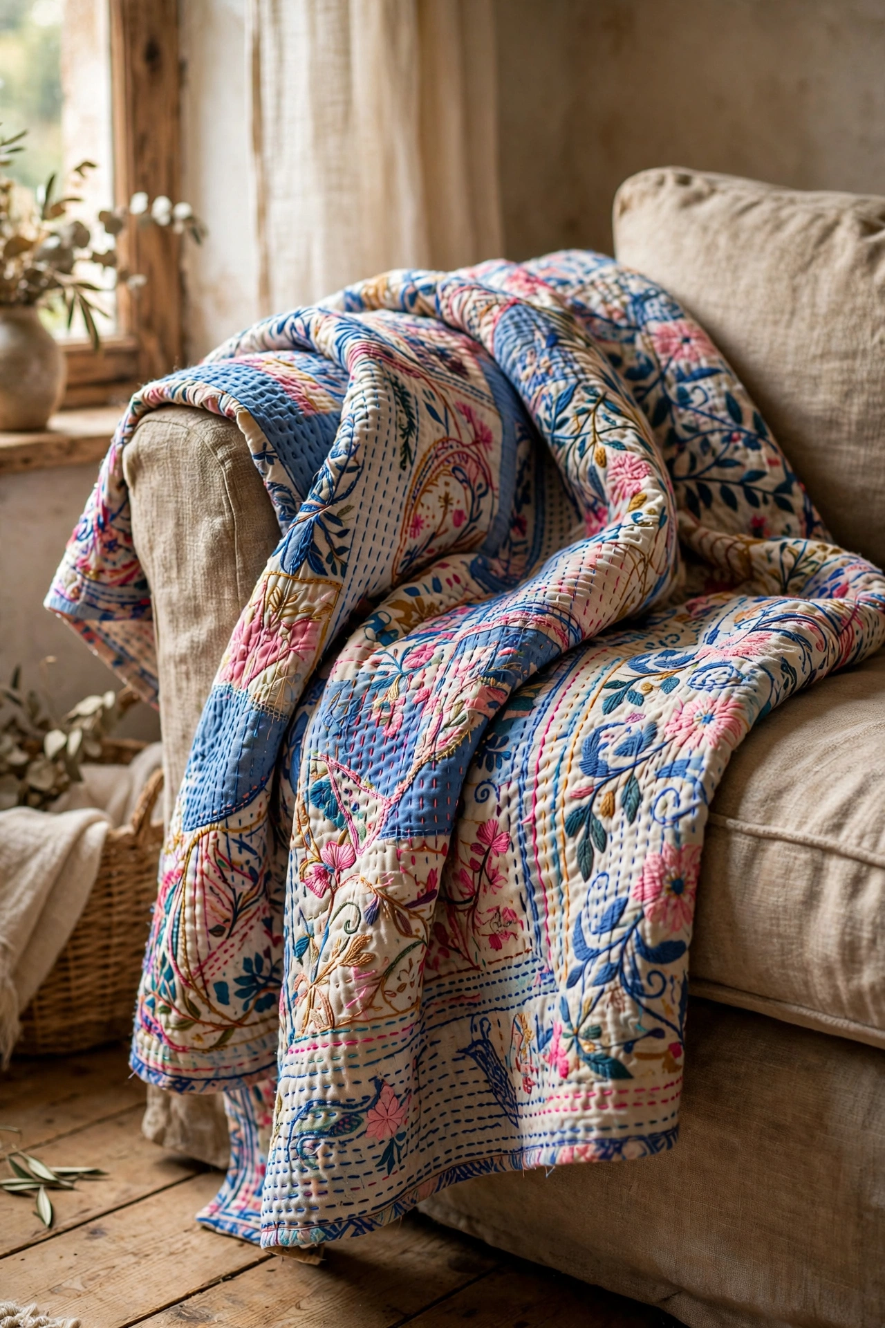 Blue and pink kantha quilt draped over the arm of a rustic sofa