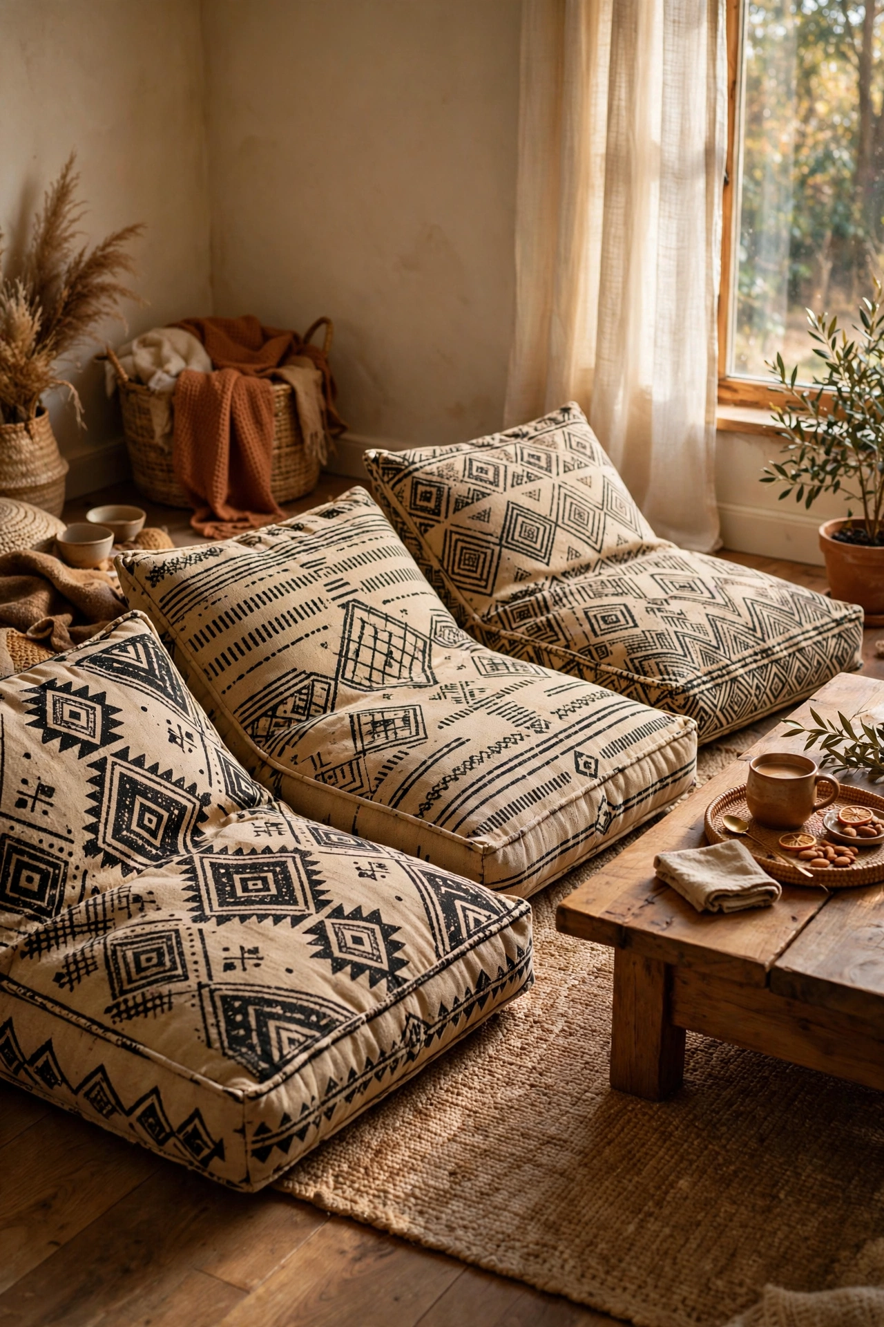 Large floor cushions in global mudcloth prints beside a low coffee table