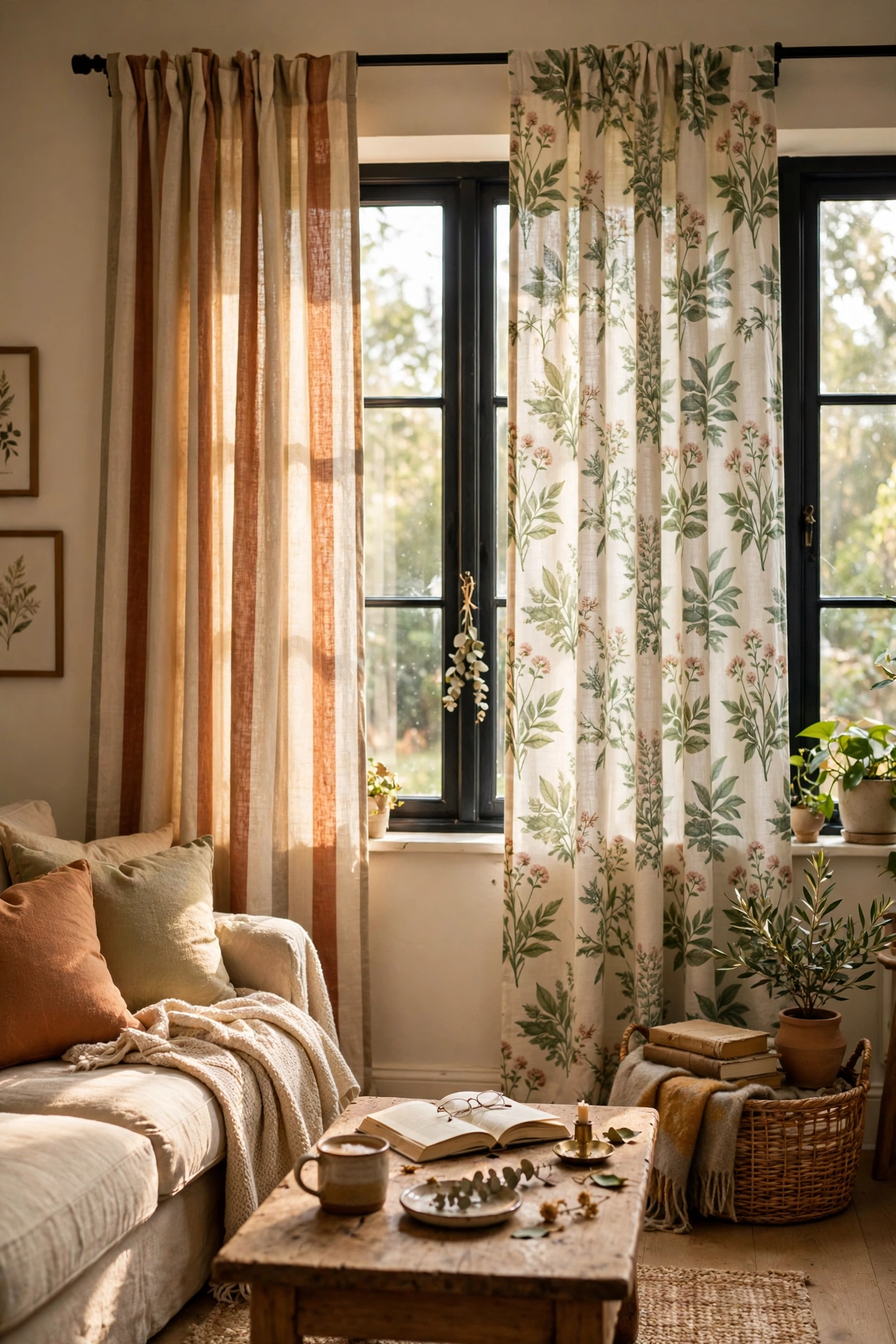 Window dressed with two mismatched curtains, one striped and one botanical print