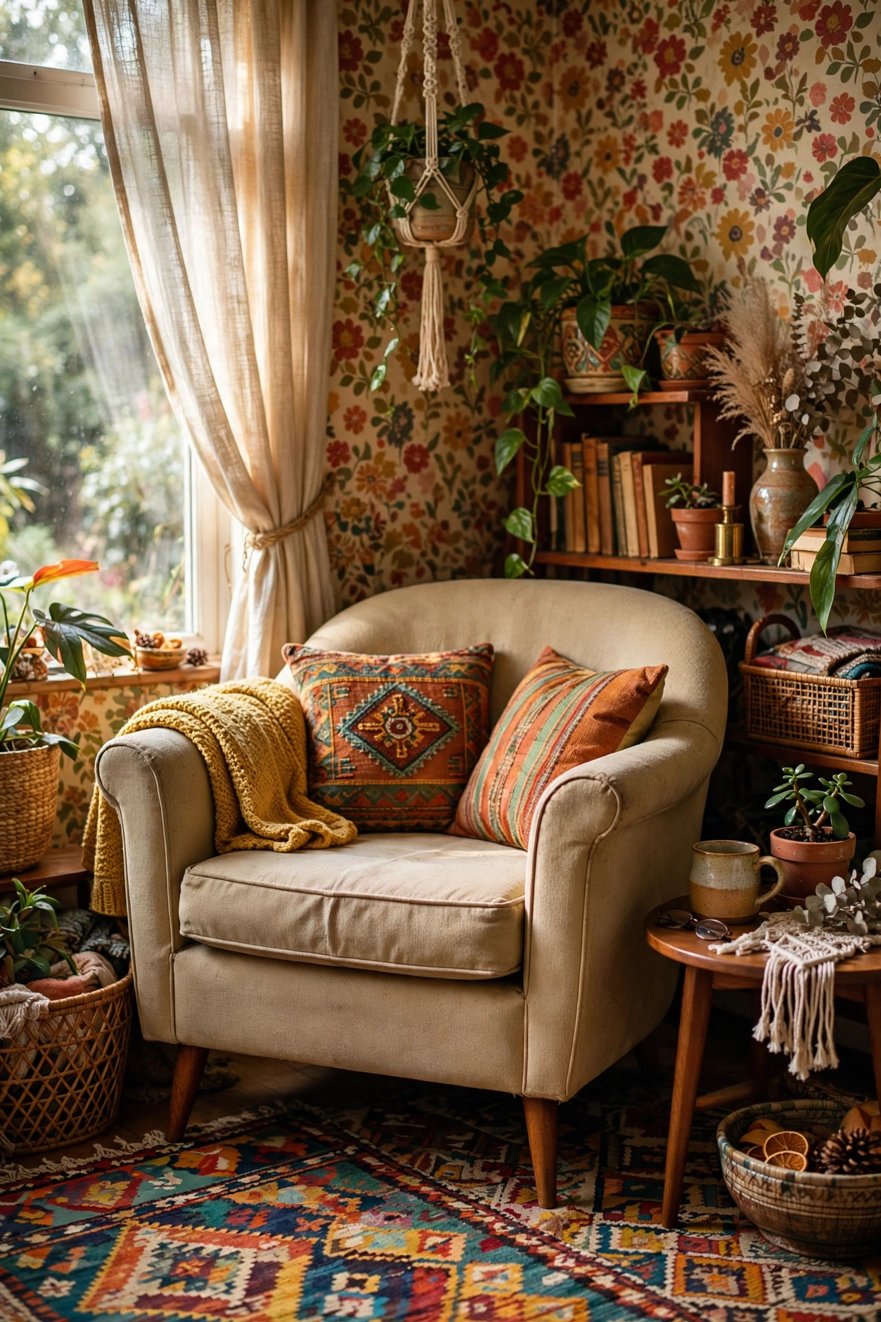 Vintage tub armchair reupholstered in canvas fabric in an eclectic living room