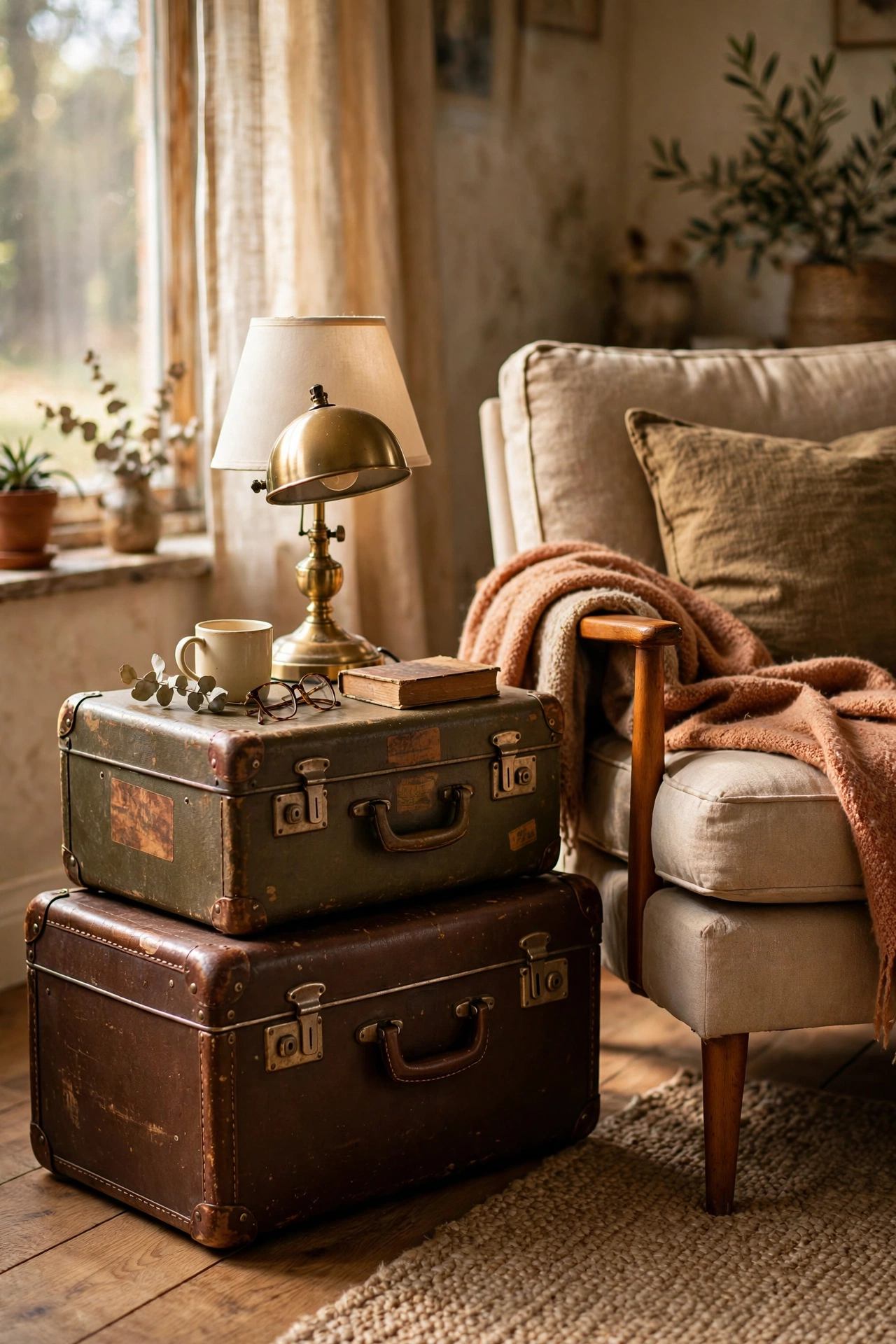 Stack of two vintage hard-shell suitcases used as a side table beside an armchair
