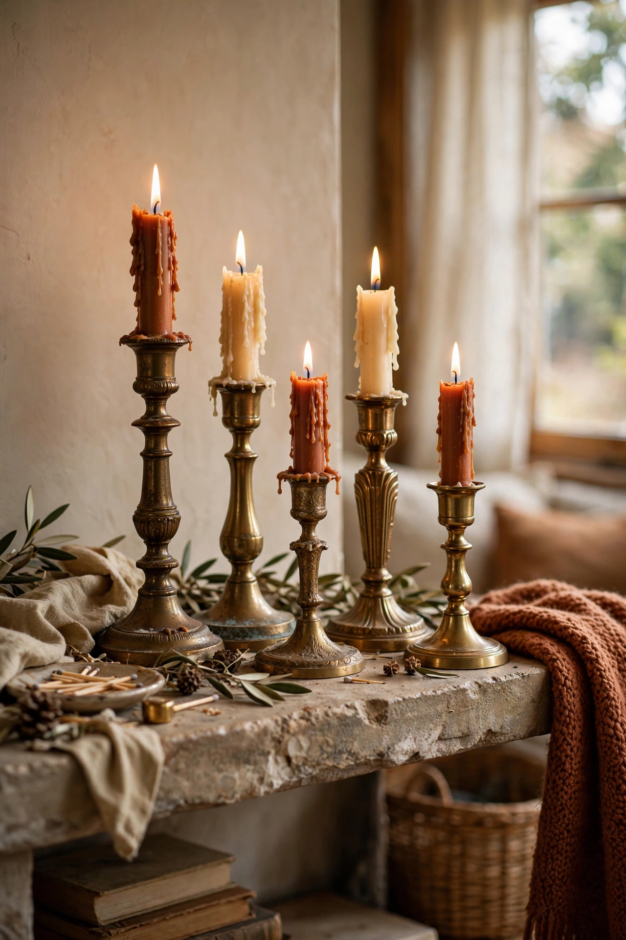 Cluster of mixed-height brass candlesticks with cream candles on a mantel