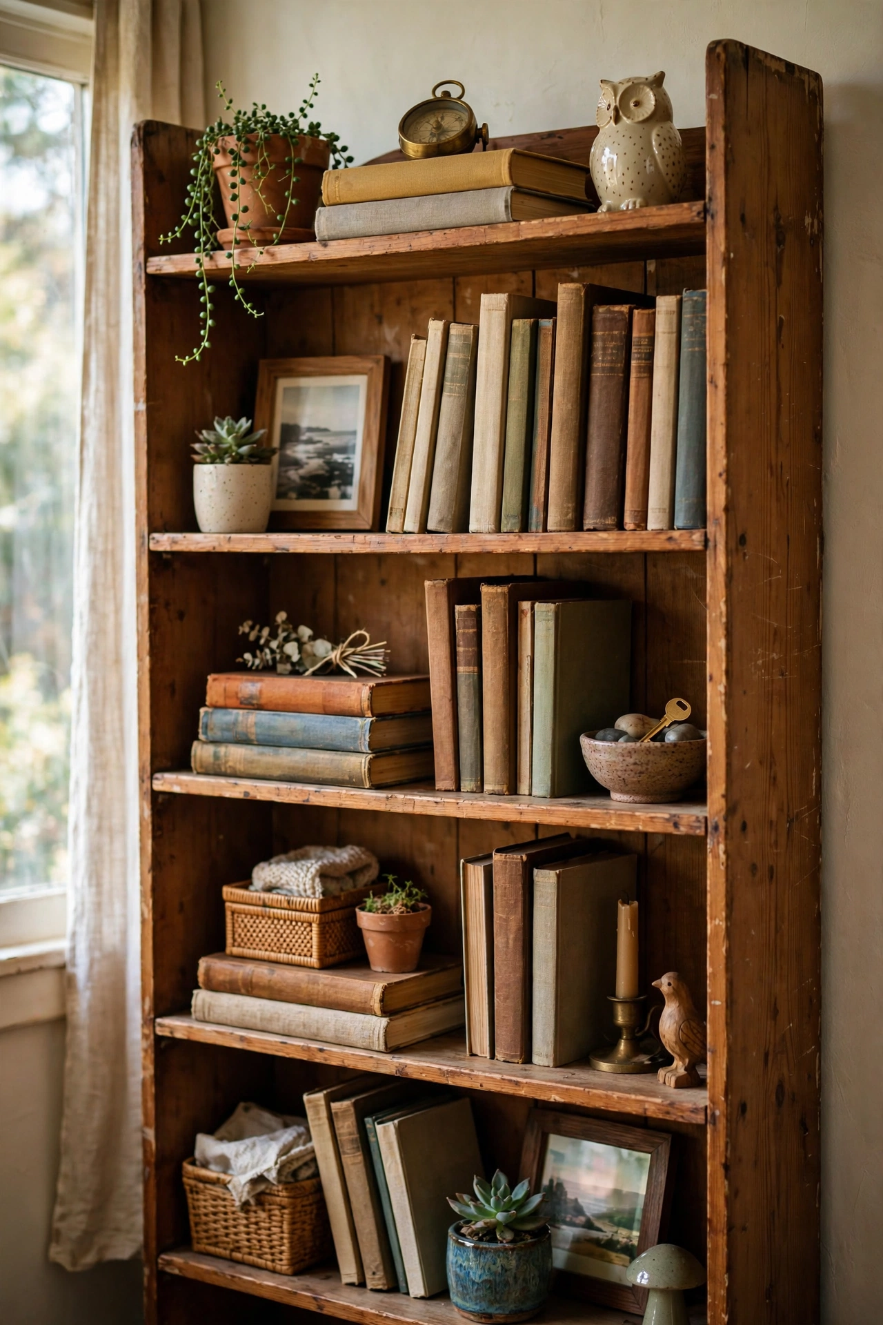 Secondhand pine bookshelf styled with books, plants and framed art