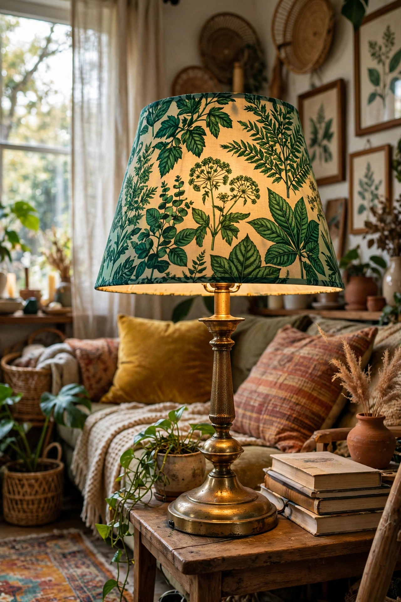 Retro brass table lamp fitted with a bold emerald botanical lampshade