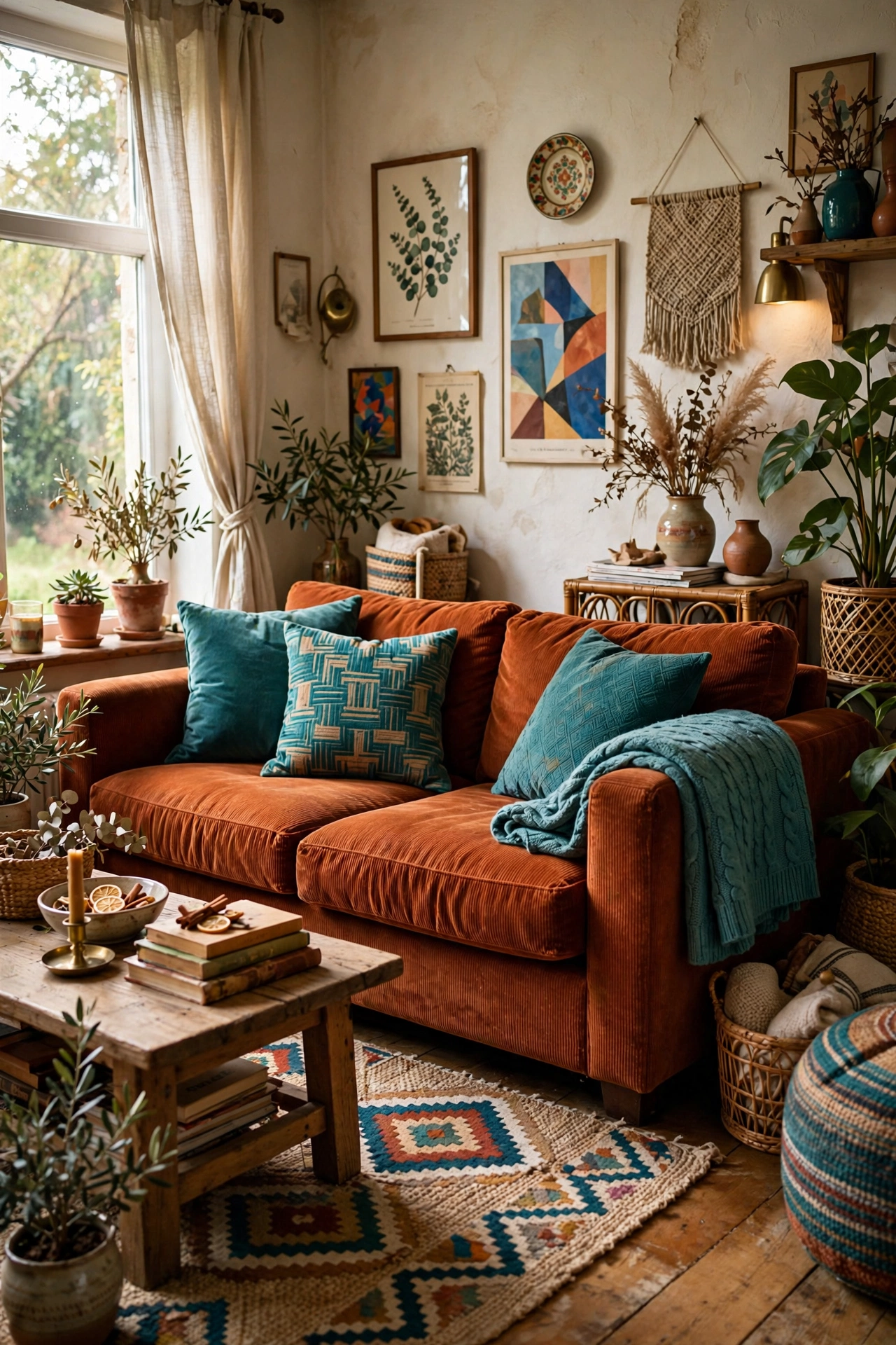 Rust coloured sofa with teal cushions and a throw in an eclectic living room