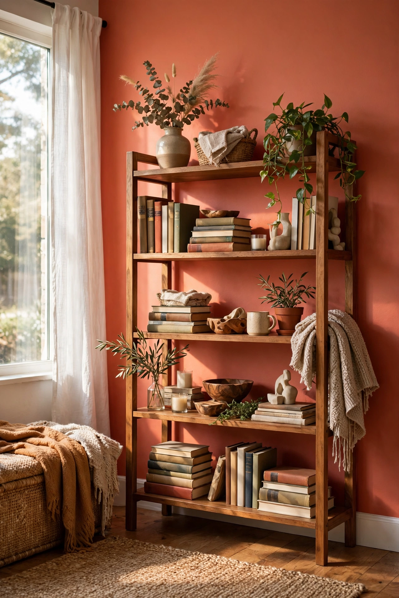 Living room feature wall painted in warm confident coral behind a bookshelf