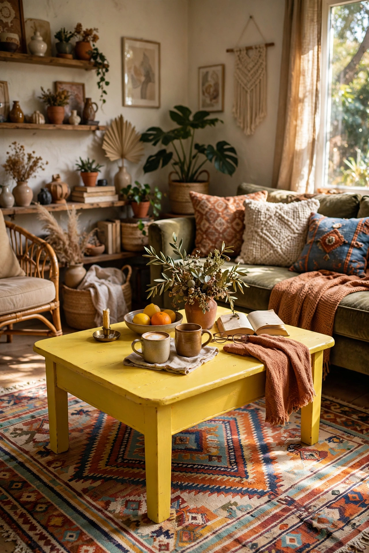 Wooden coffee table painted sunshine yellow over a patterned rug