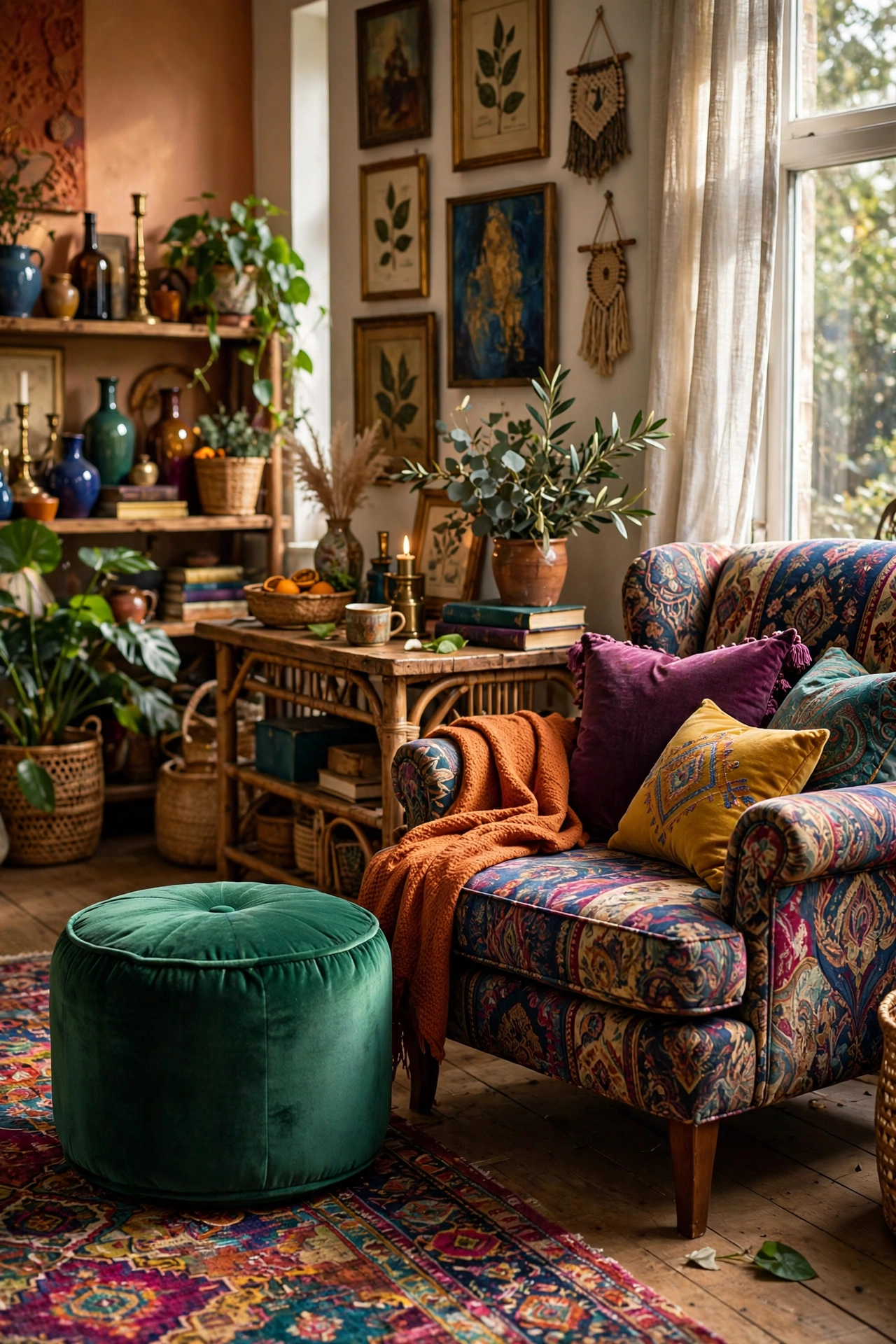 Emerald green velvet pouffe beside a patterned armchair in a colourful living room