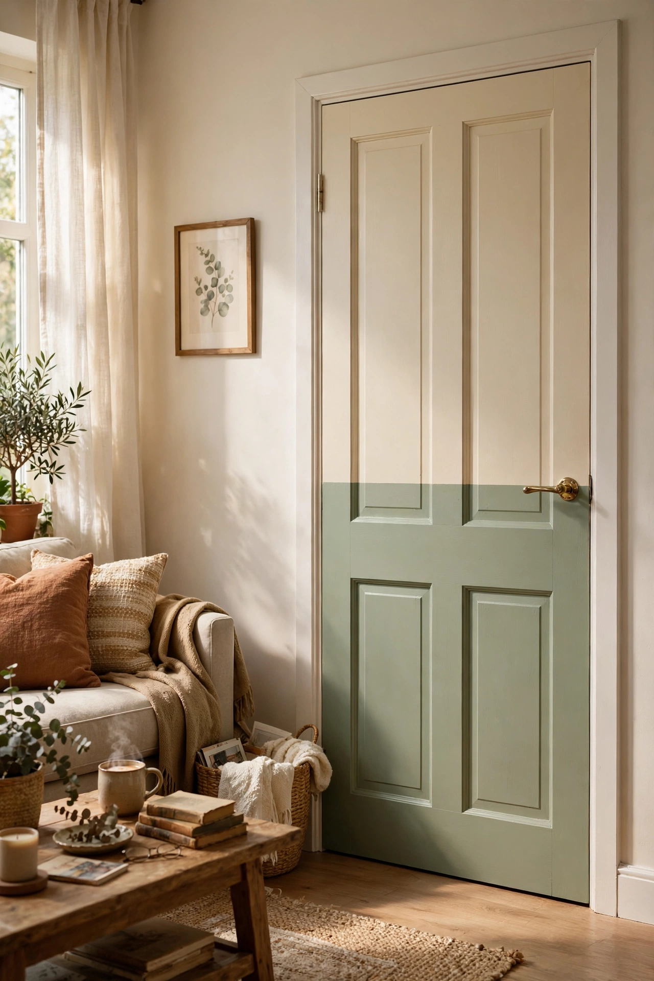 Interior door painted two-tone sage green and cream with a crisp dividing line
