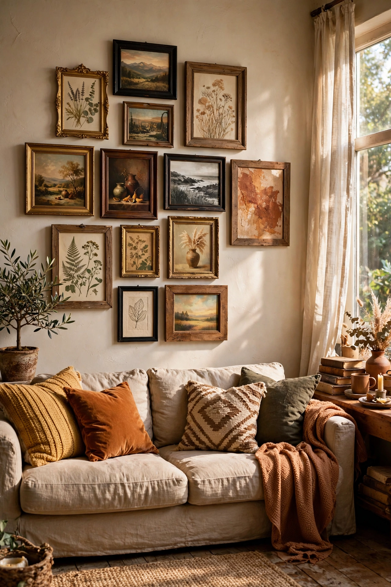 Gallery wall of mismatched thrifted frames in gold and wood above a sofa