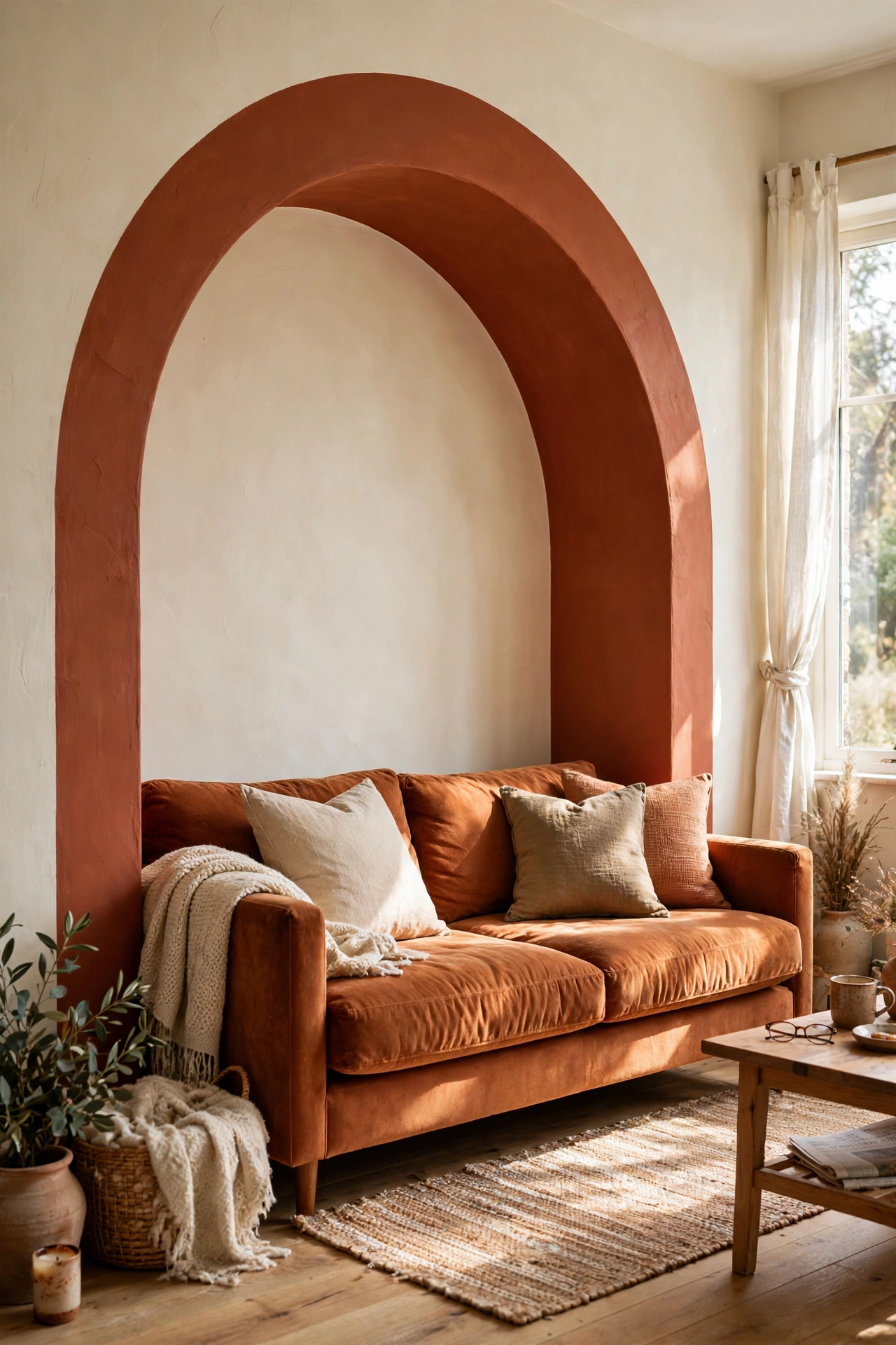 Terracotta painted arch framing a rust sofa on a cream living room wall