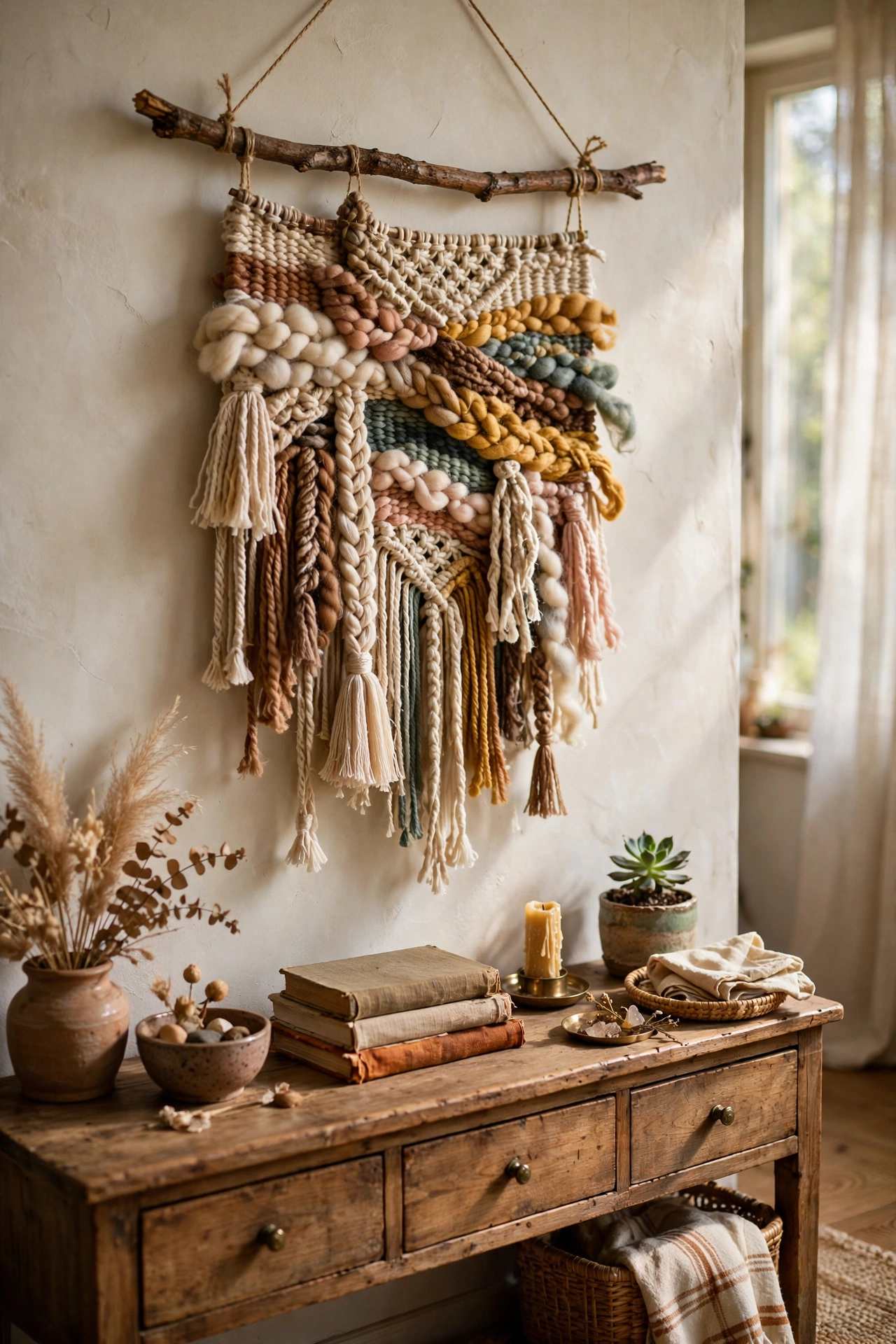 Handmade woven wall hanging of yarn strands on a branch above a sideboard