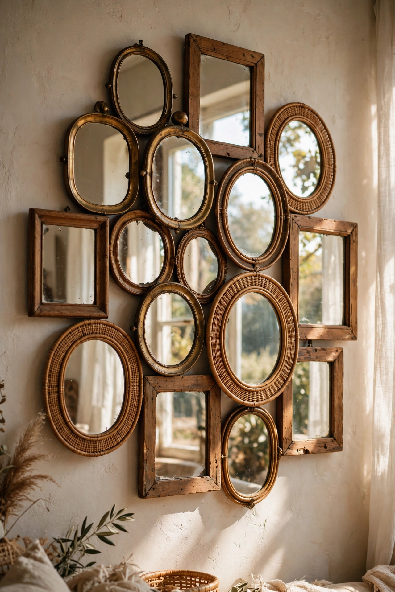 Organic cluster of small vintage mirrors in brass and rattan frames on a wall