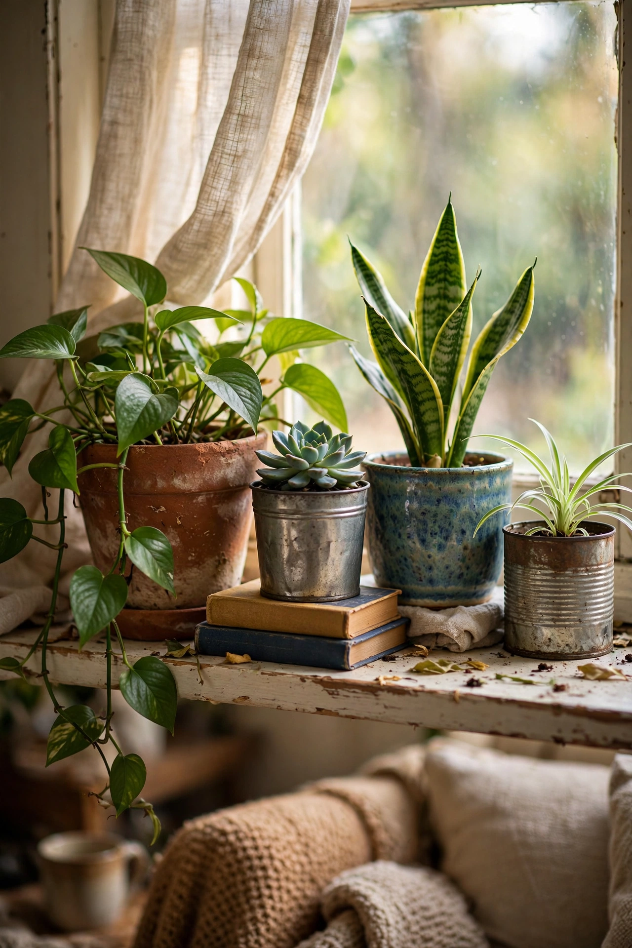 Easy houseplants in mismatched terracotta and ceramic pots grouped on a windowsill