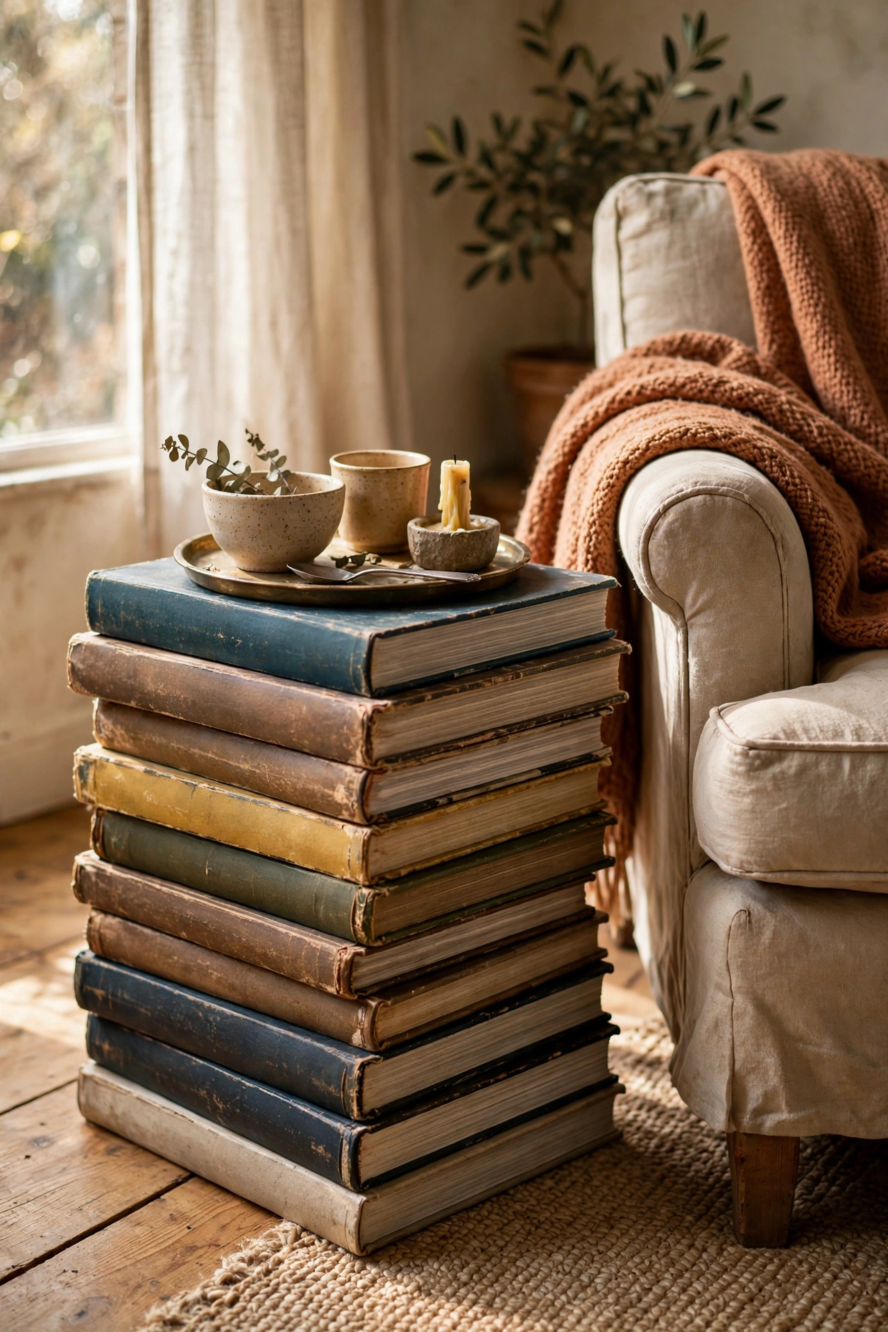 Stack of large secondhand art books used as a side table beside an armchair