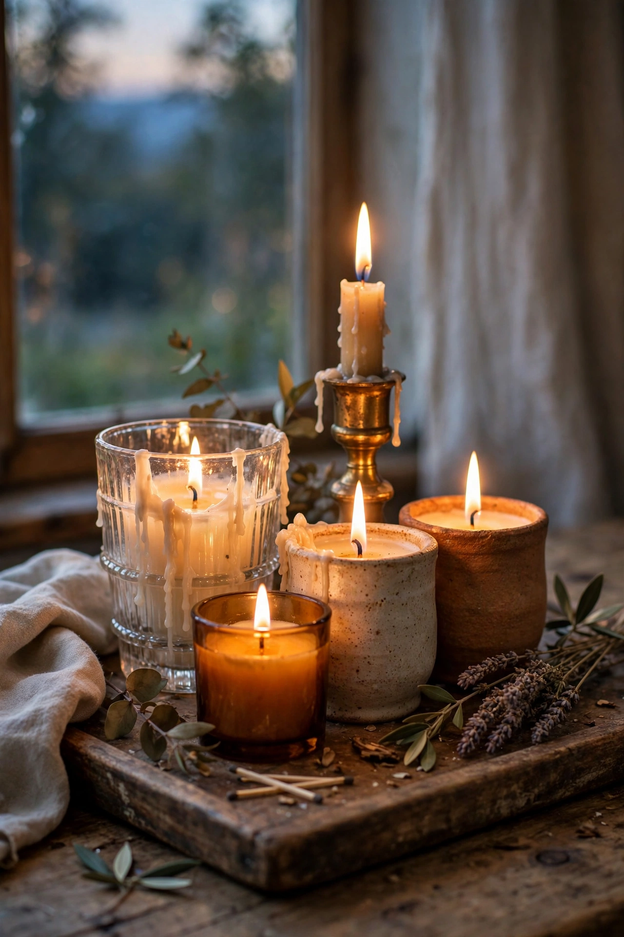 Cluster of lit candles in mixed glass and brass holders on a wooden tray