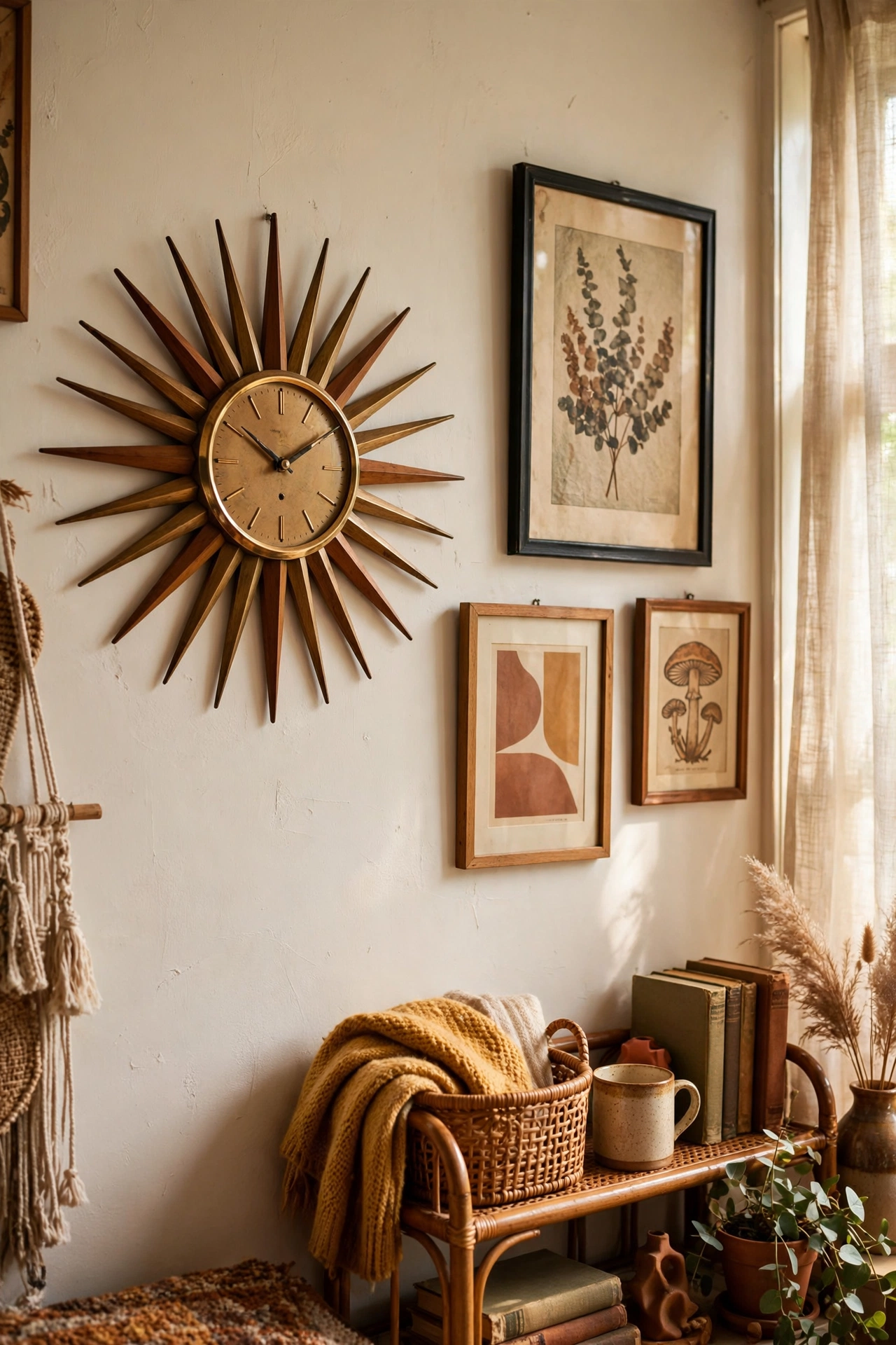 Quirky 1970s sunburst clock hung off-centre on an eclectic living room wall