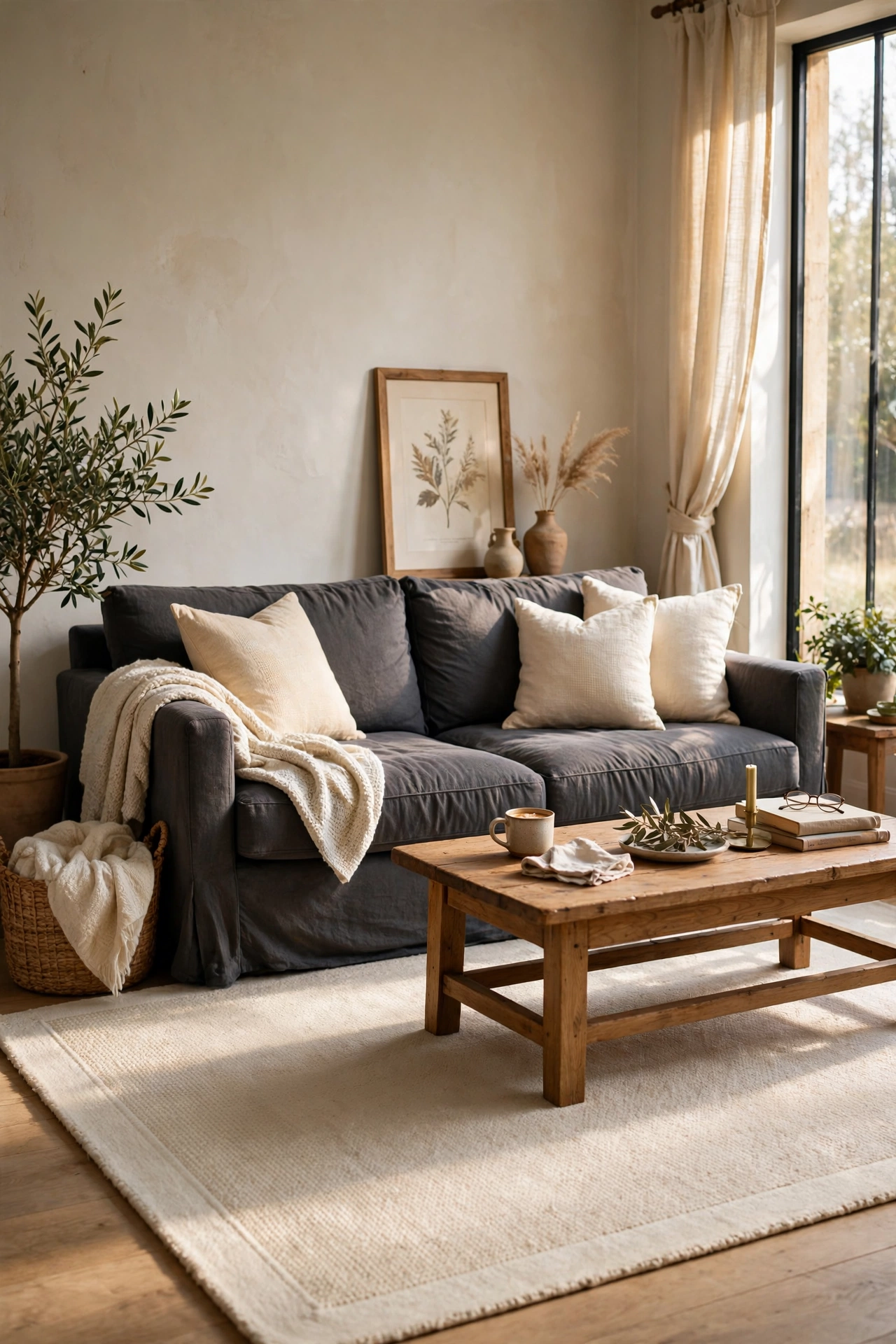 Charcoal grey sofa anchored by a large cream rug in a calm living room