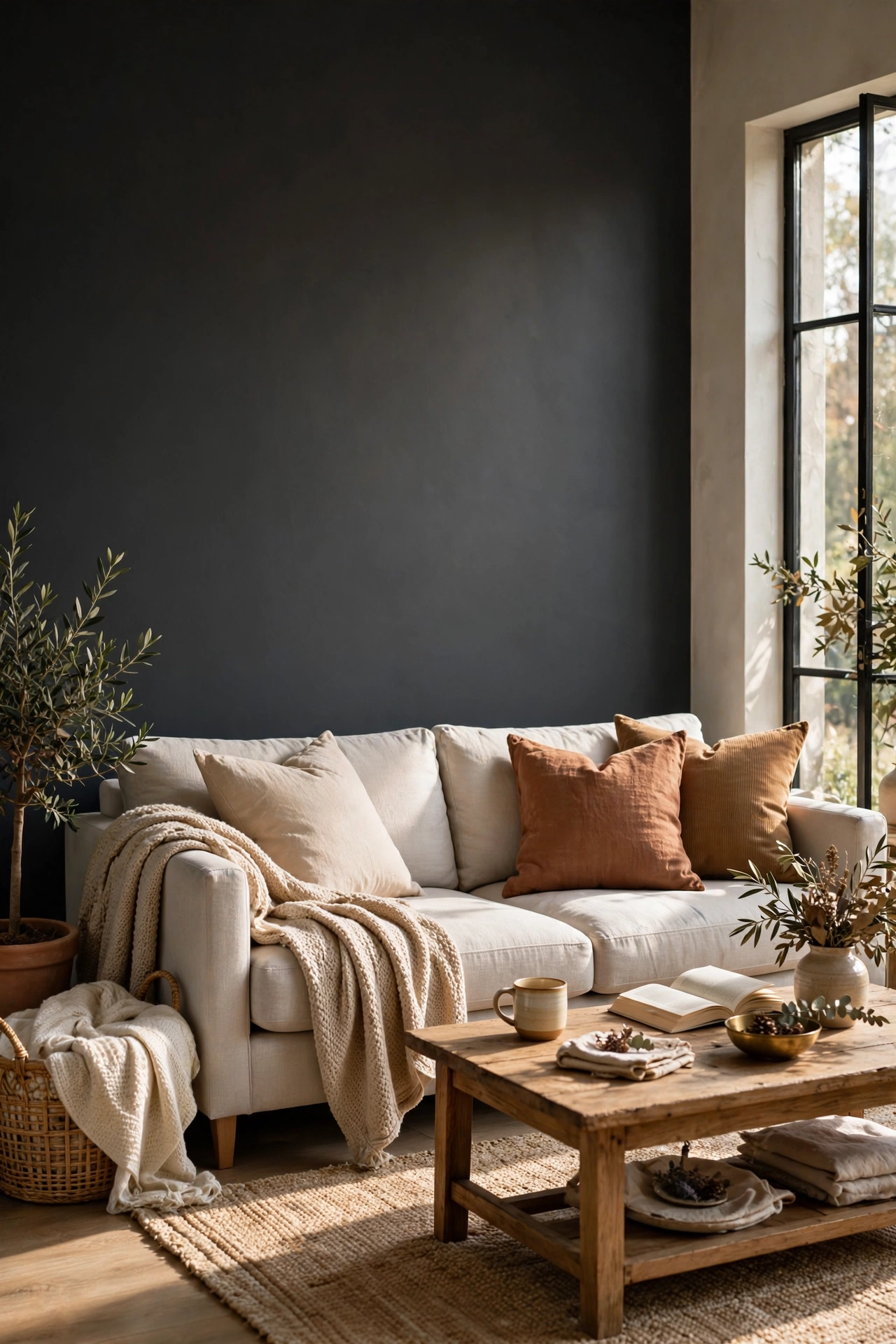 Single charcoal accent wall painted behind a light neutral sofa