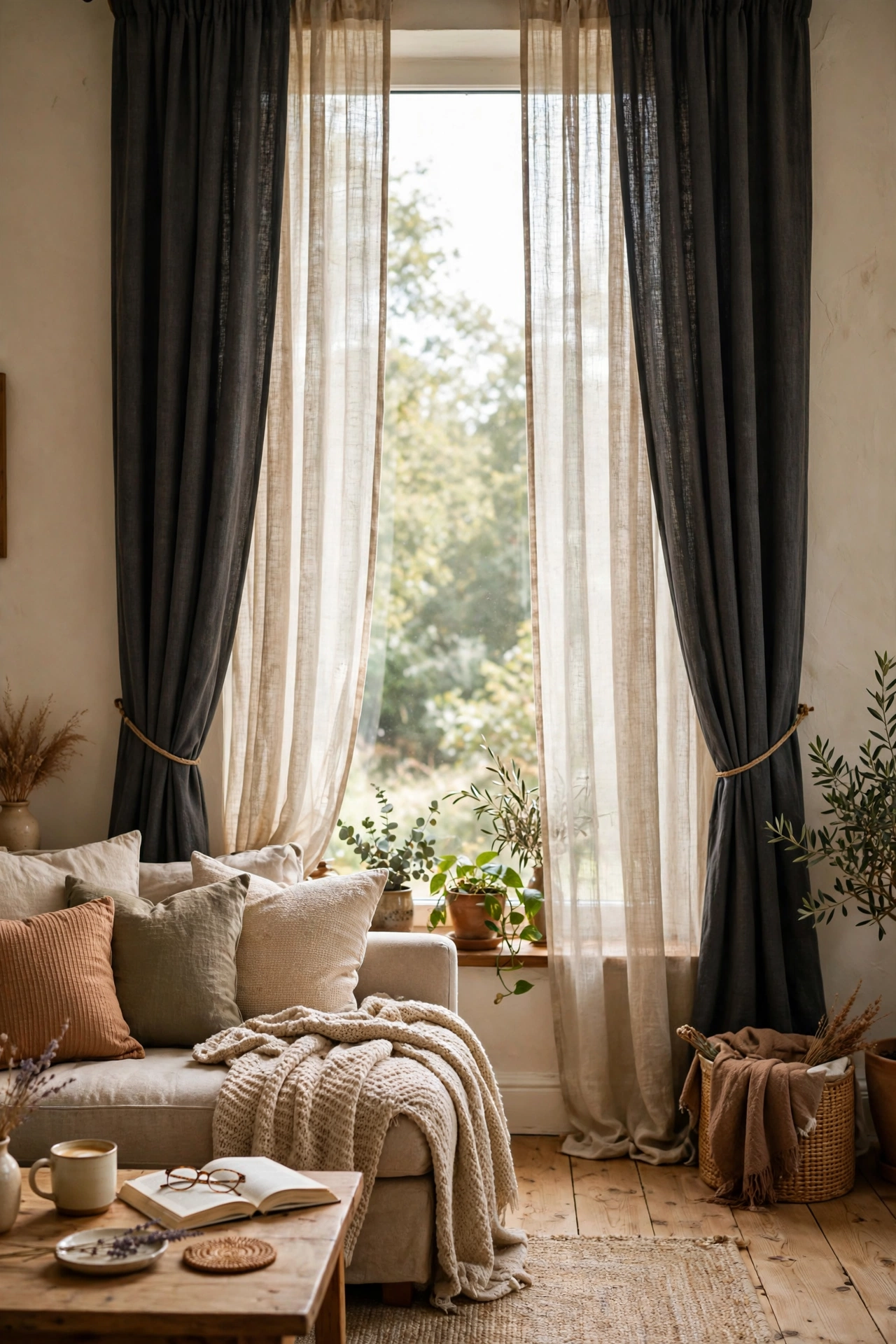 Charcoal curtains layered with sheer linen panels on a living room window