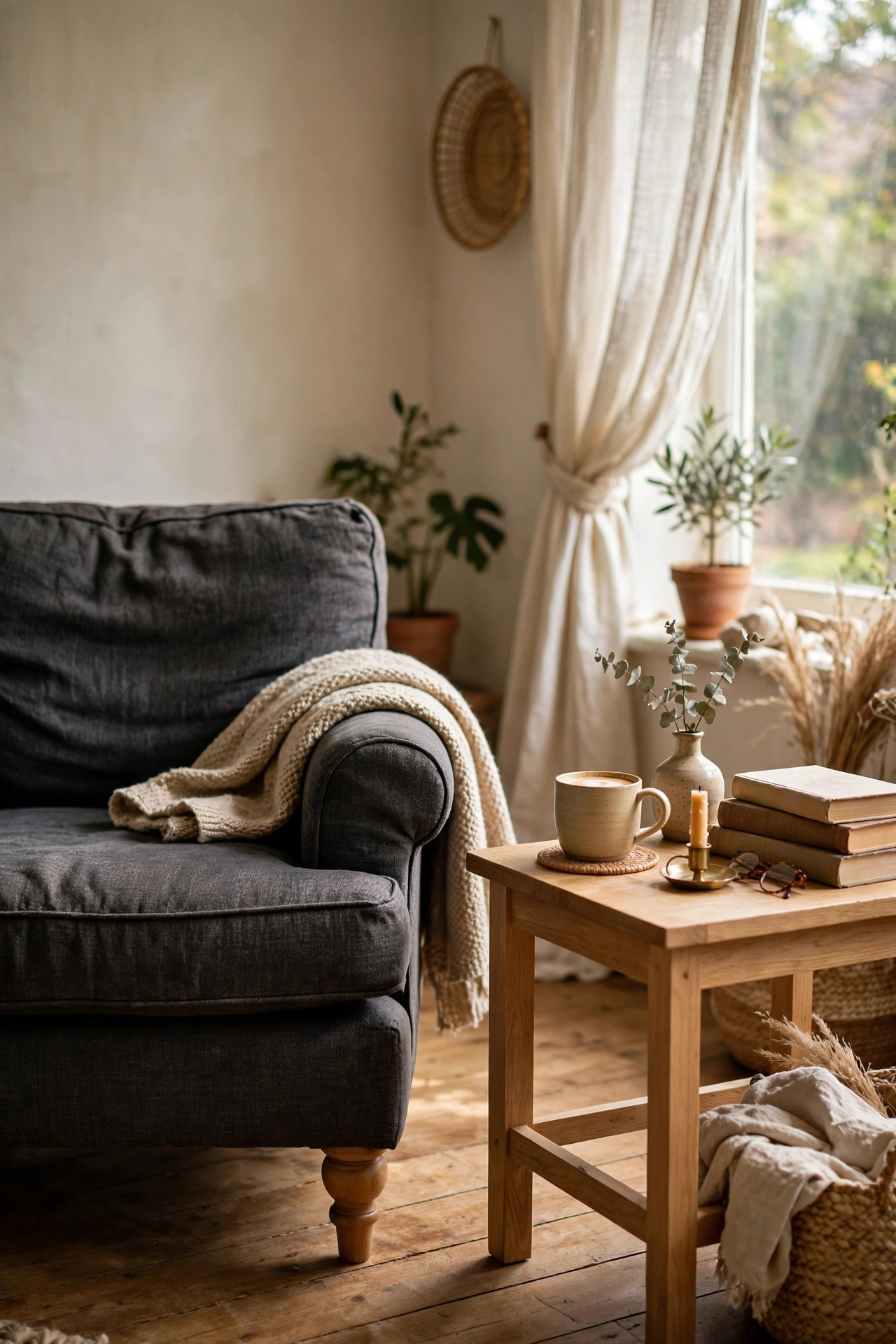 Charcoal armchair beside a light oak wooden side table in a calm room