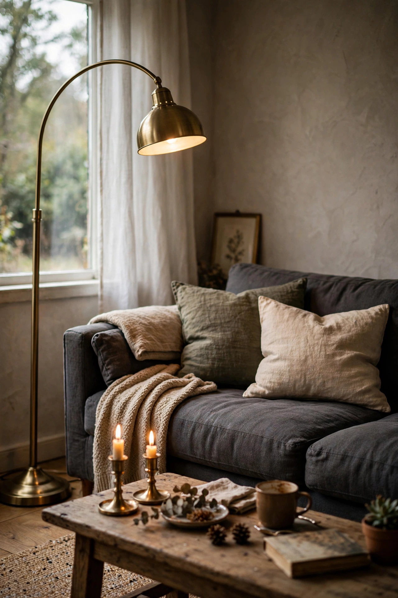 Brass arc floor lamp and brass candlesticks glowing against charcoal sofa