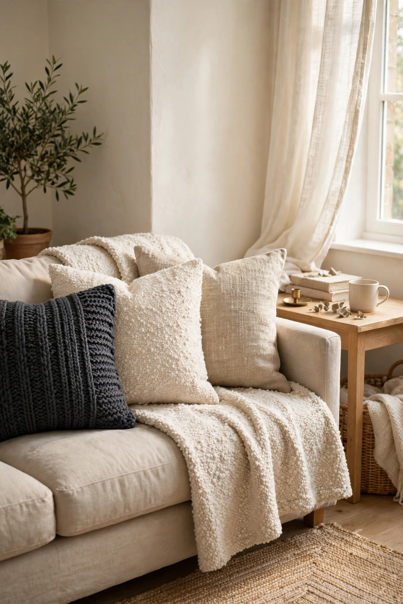 Neutral sofa layered with charcoal, ivory and oatmeal cushions in mixed textures