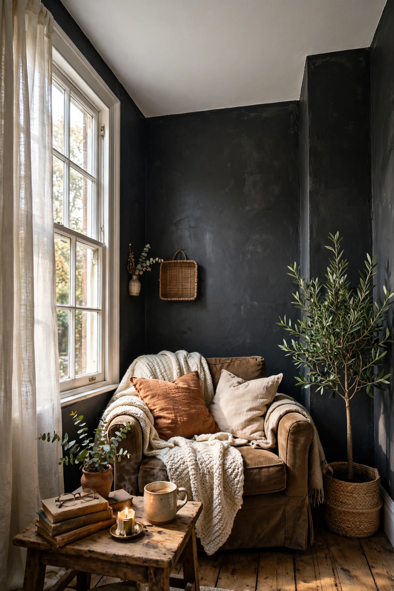 Charcoal painted walls with a crisp white ceiling in a cosy snug