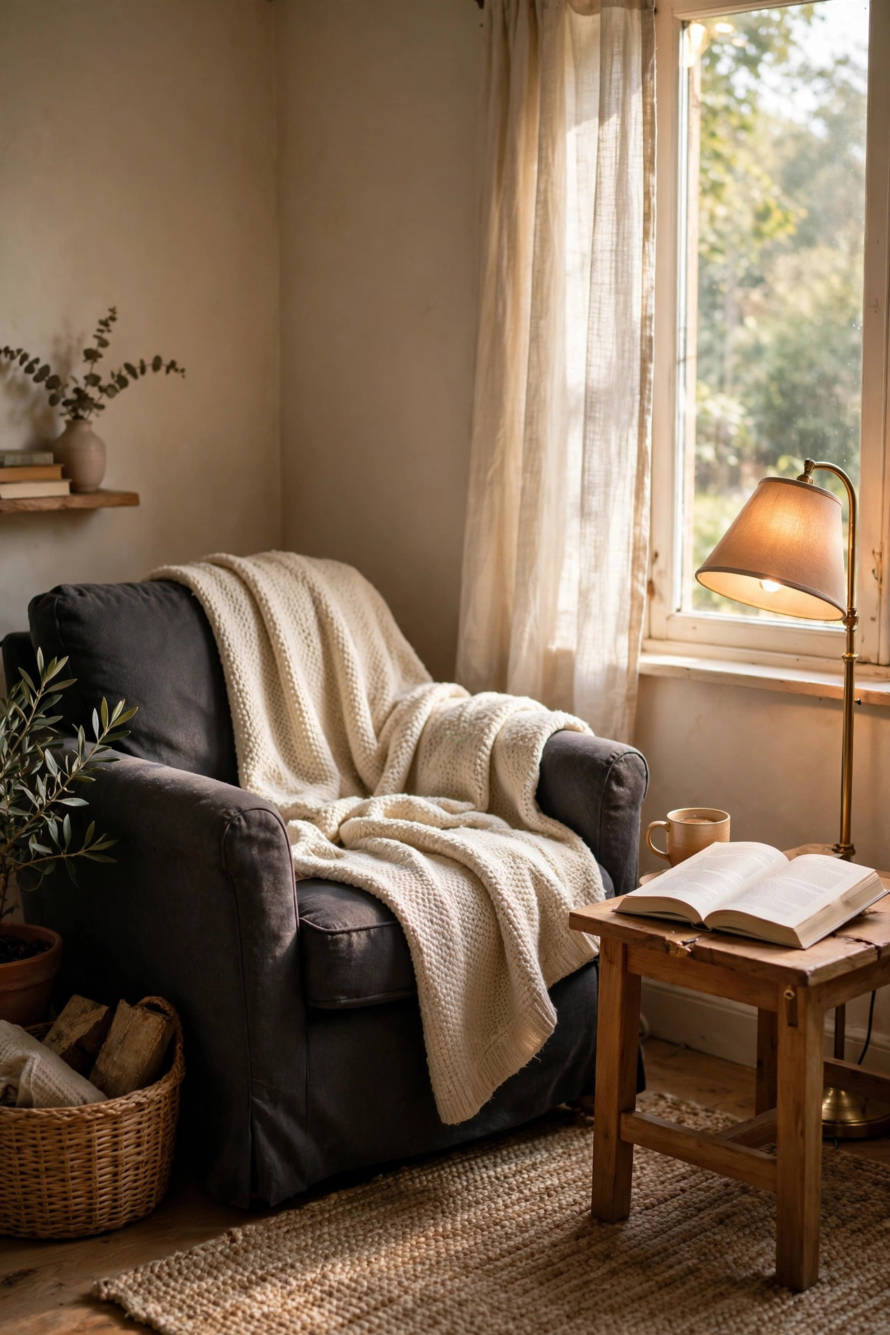 Charcoal armchair reading corner with cream throw, side table and warm floor lamp