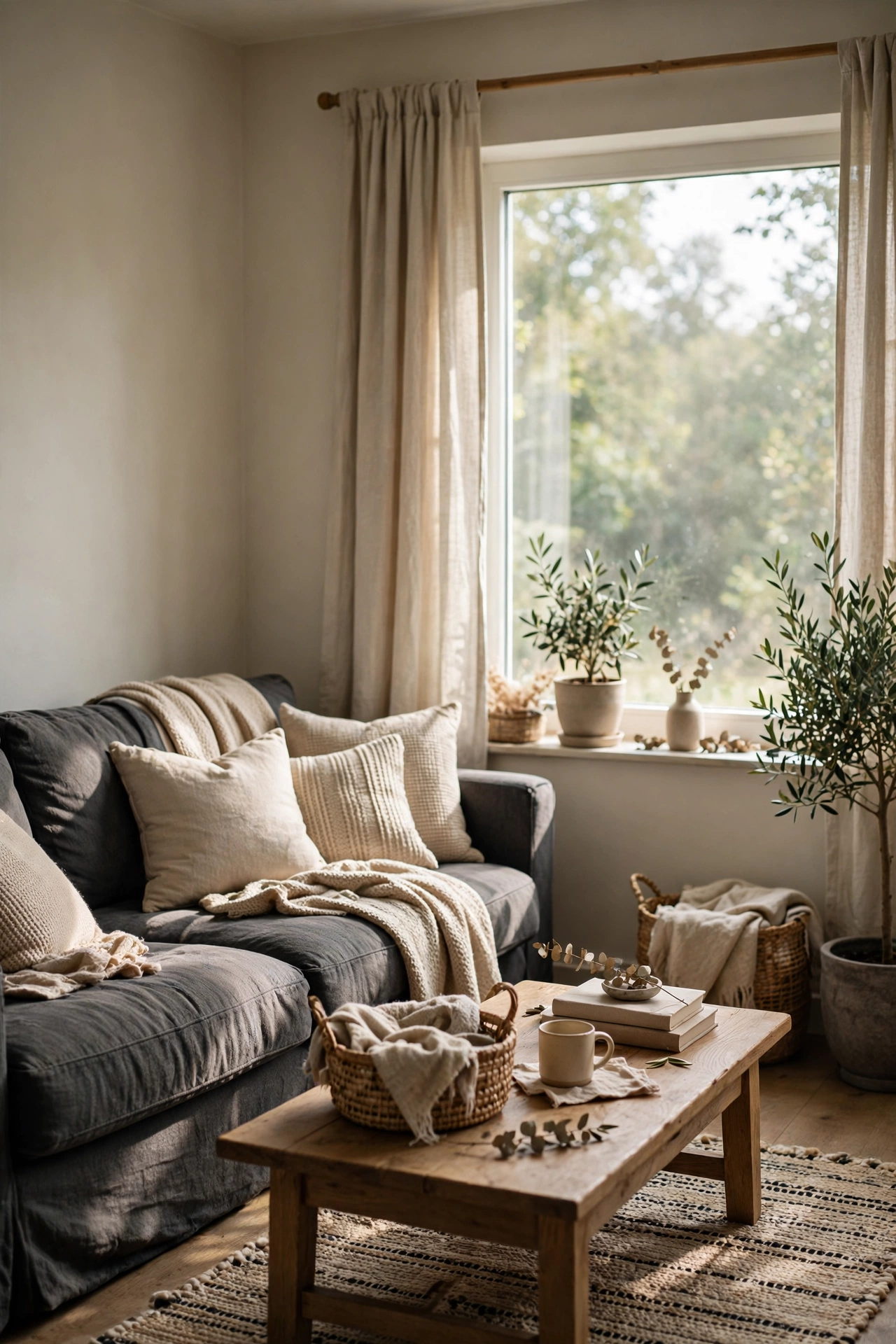 Calm living room in a charcoal and beige palette with oatmeal textiles