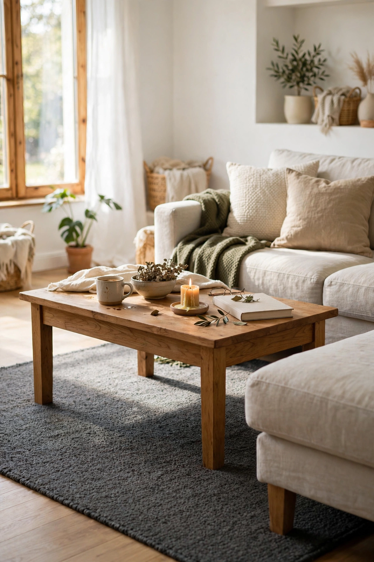 Plain charcoal rug under a coffee table grounding a bright light living room