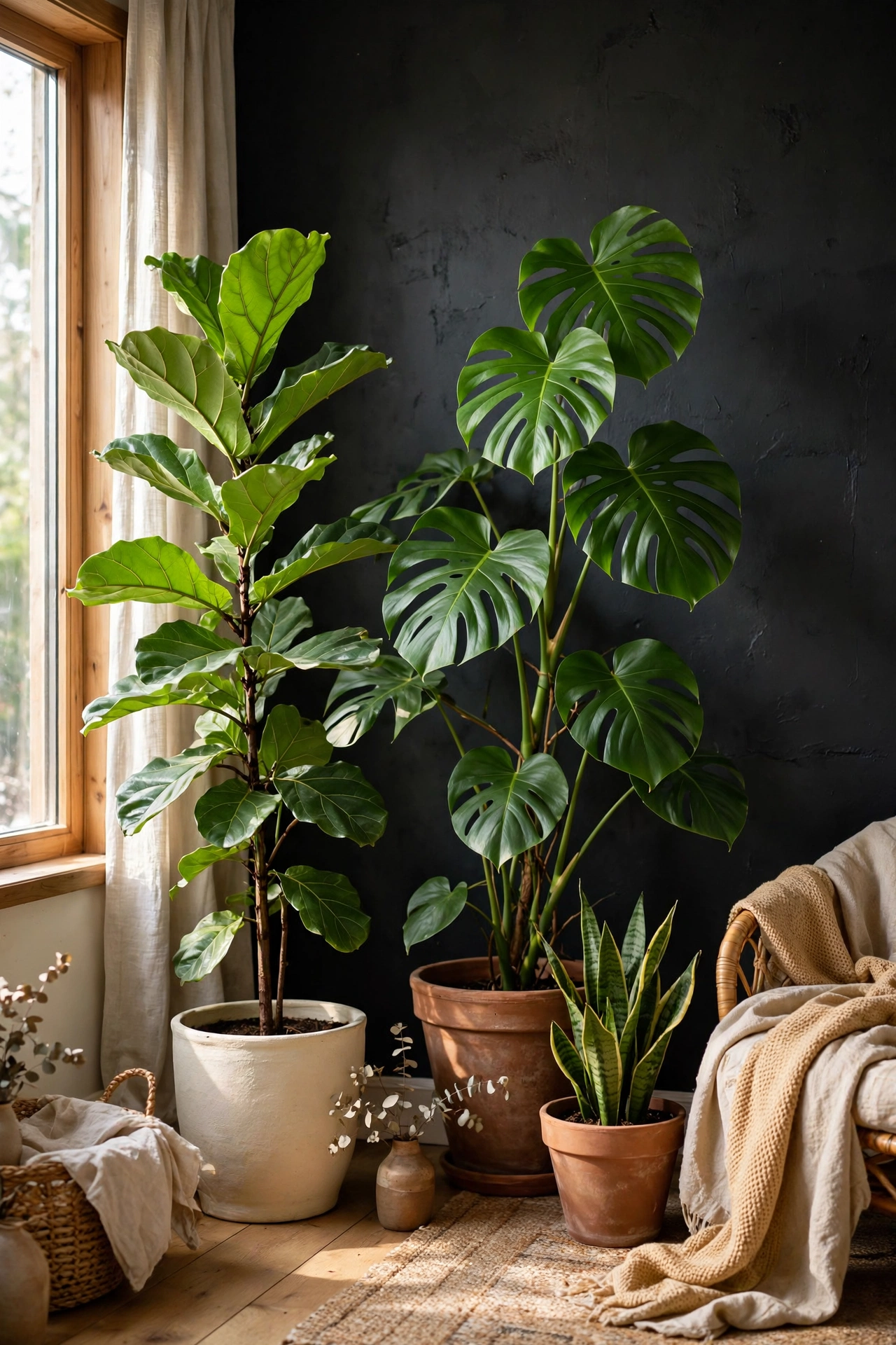 Tall green houseplants in cream and terracotta pots against a charcoal wall