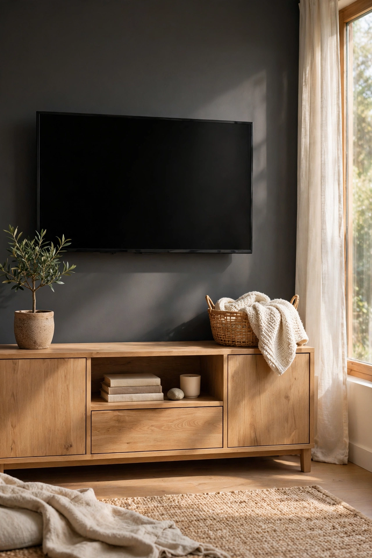 Television on a flat charcoal wall with a light oak media unit beneath