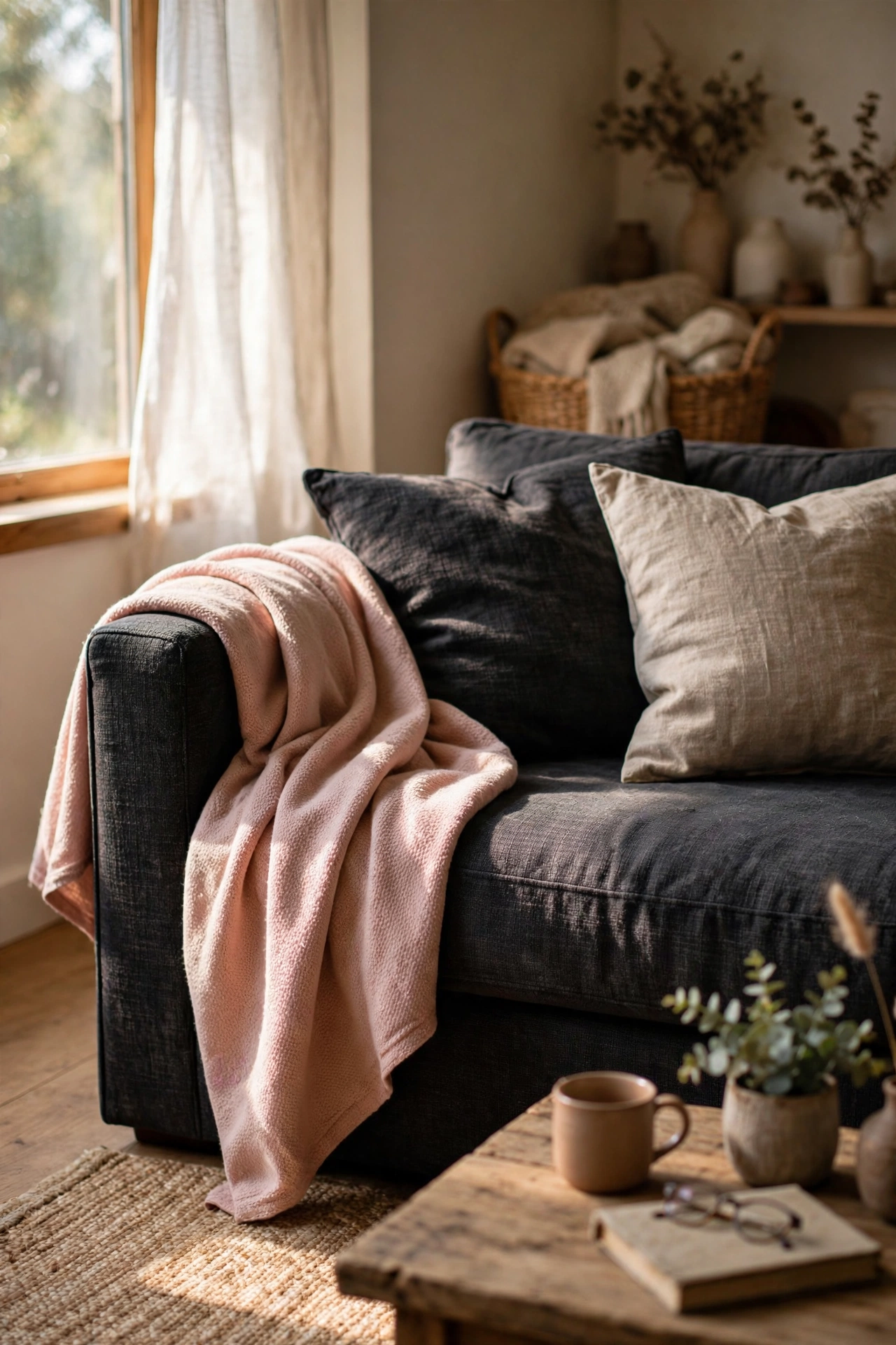 Charcoal sofa with a single dusty blush throw softening the dark upholstery