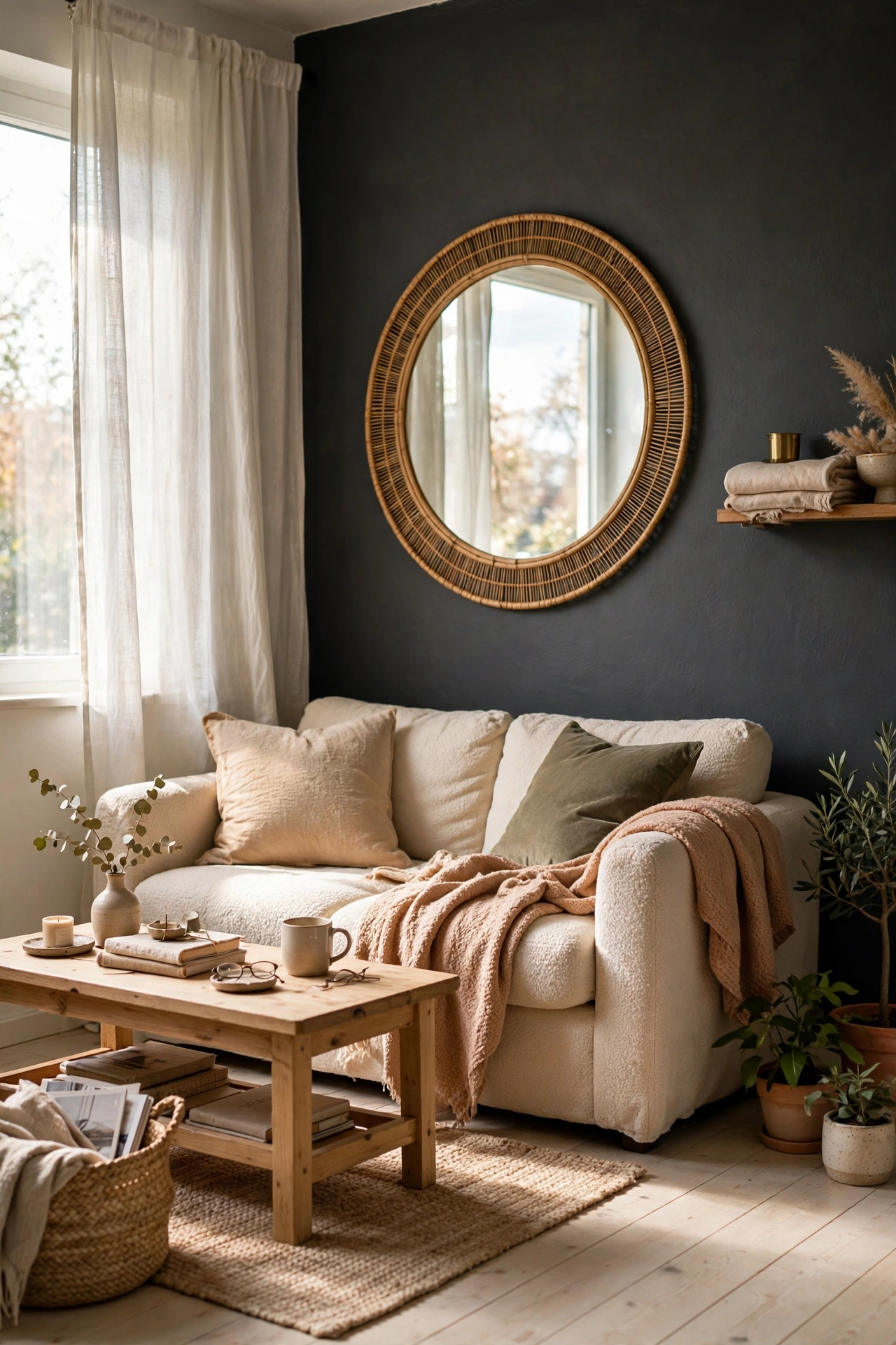 Small living room with one charcoal wall, pale floor and mirror bouncing light