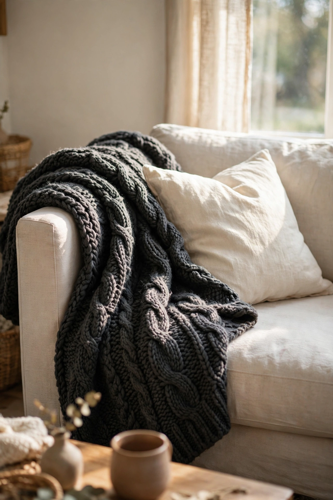 Chunky charcoal knit throw draped diagonally over a light neutral sofa