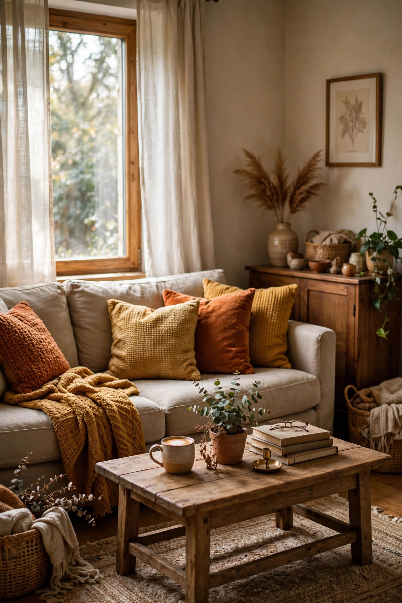 Burnt-orange and mustard throw pillow covers on a beige sofa in a cosy autumn living room