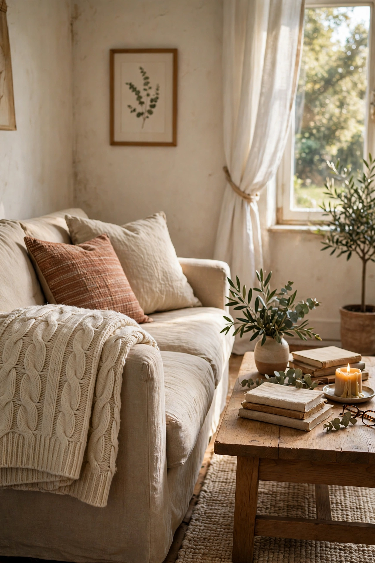 Chunky cream knit throw blanket folded over the arm of a sofa in an autumn living room