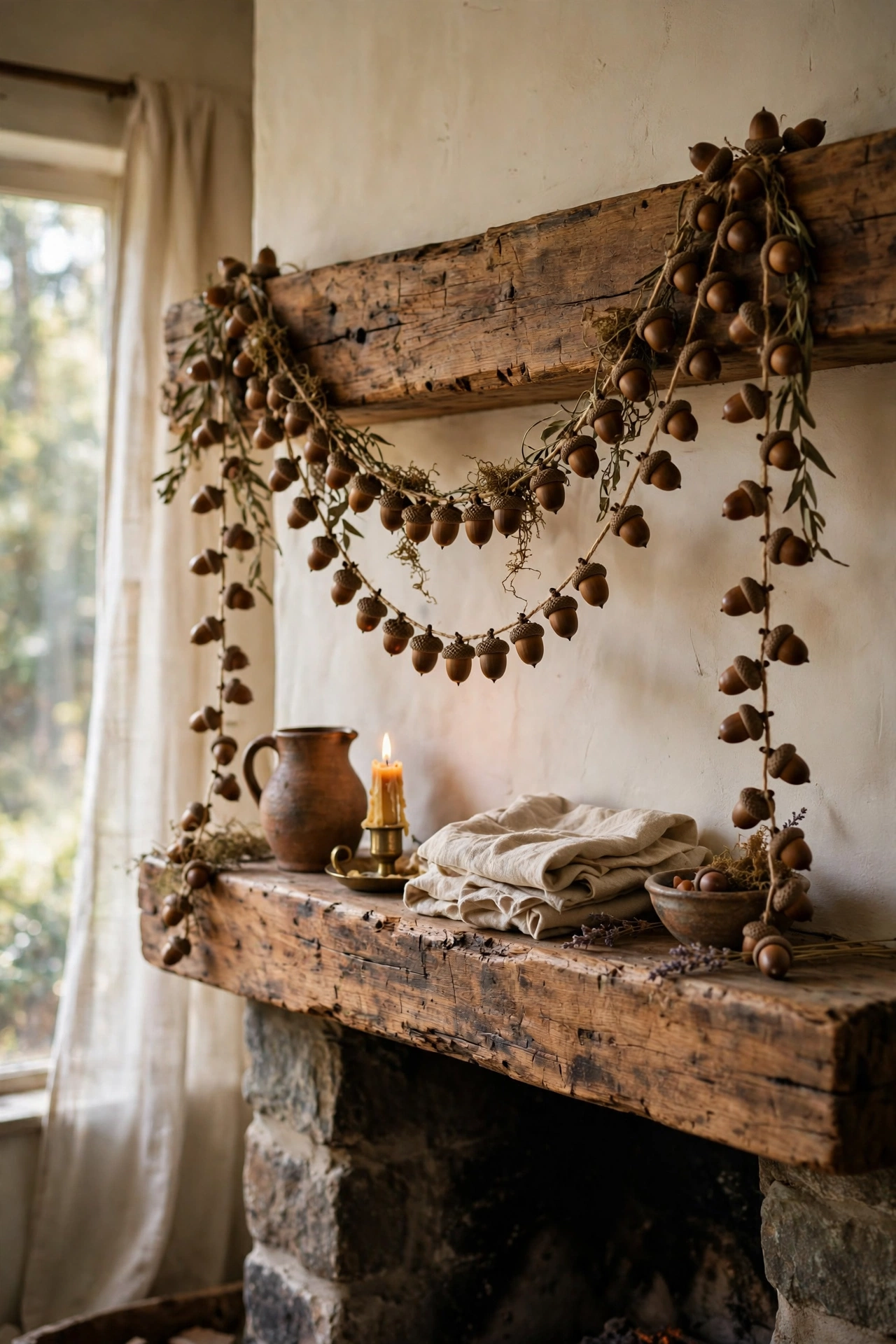 Handmade acorn garland draped in a loose swag across a wooden mantel