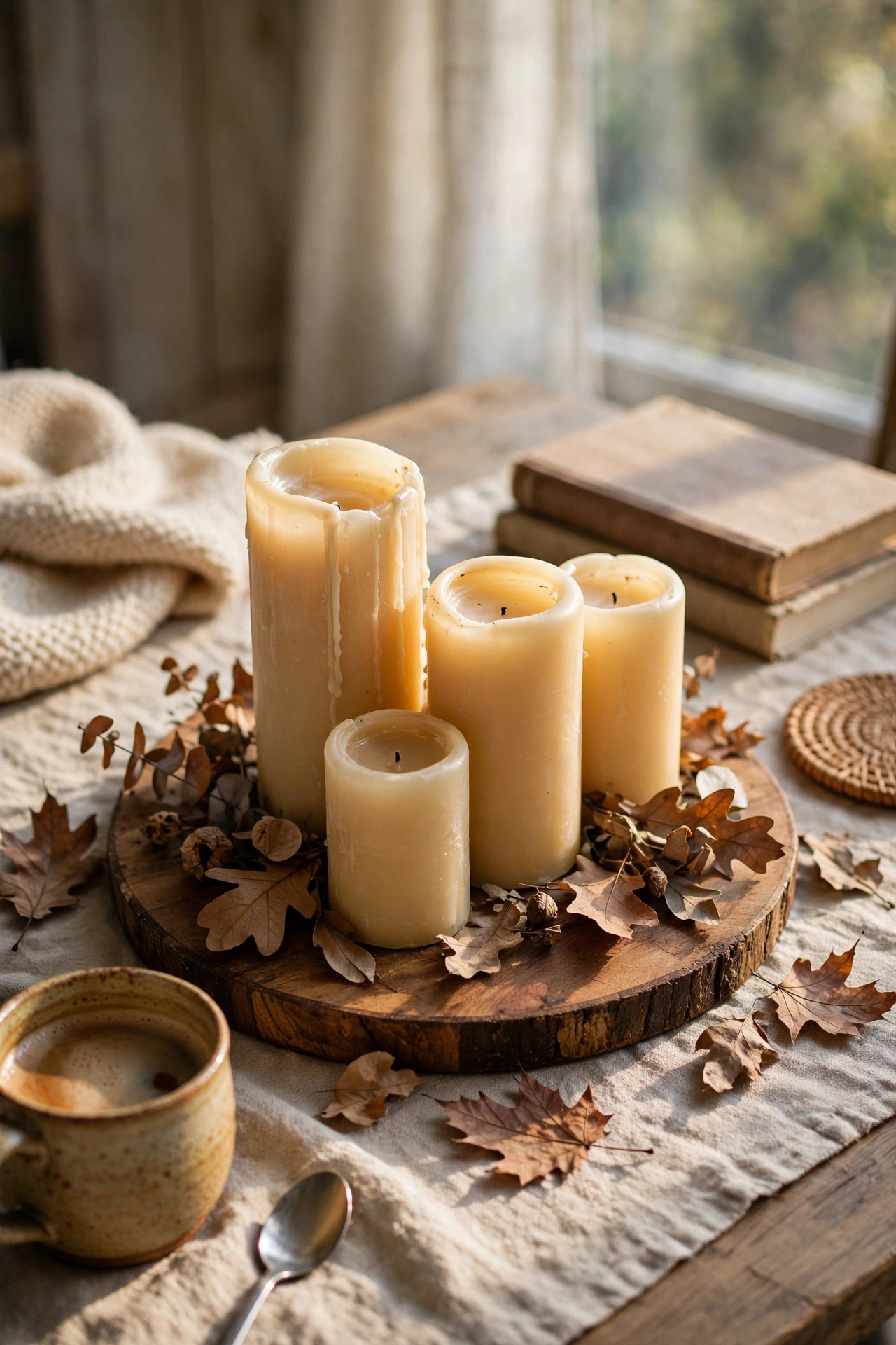 Cluster of pillar candles in different heights on a wooden board on a coffee table