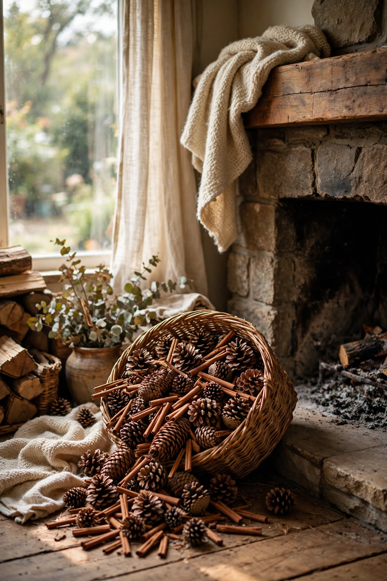 Woven basket filled with pinecones and cinnamon sticks beside a fireplace