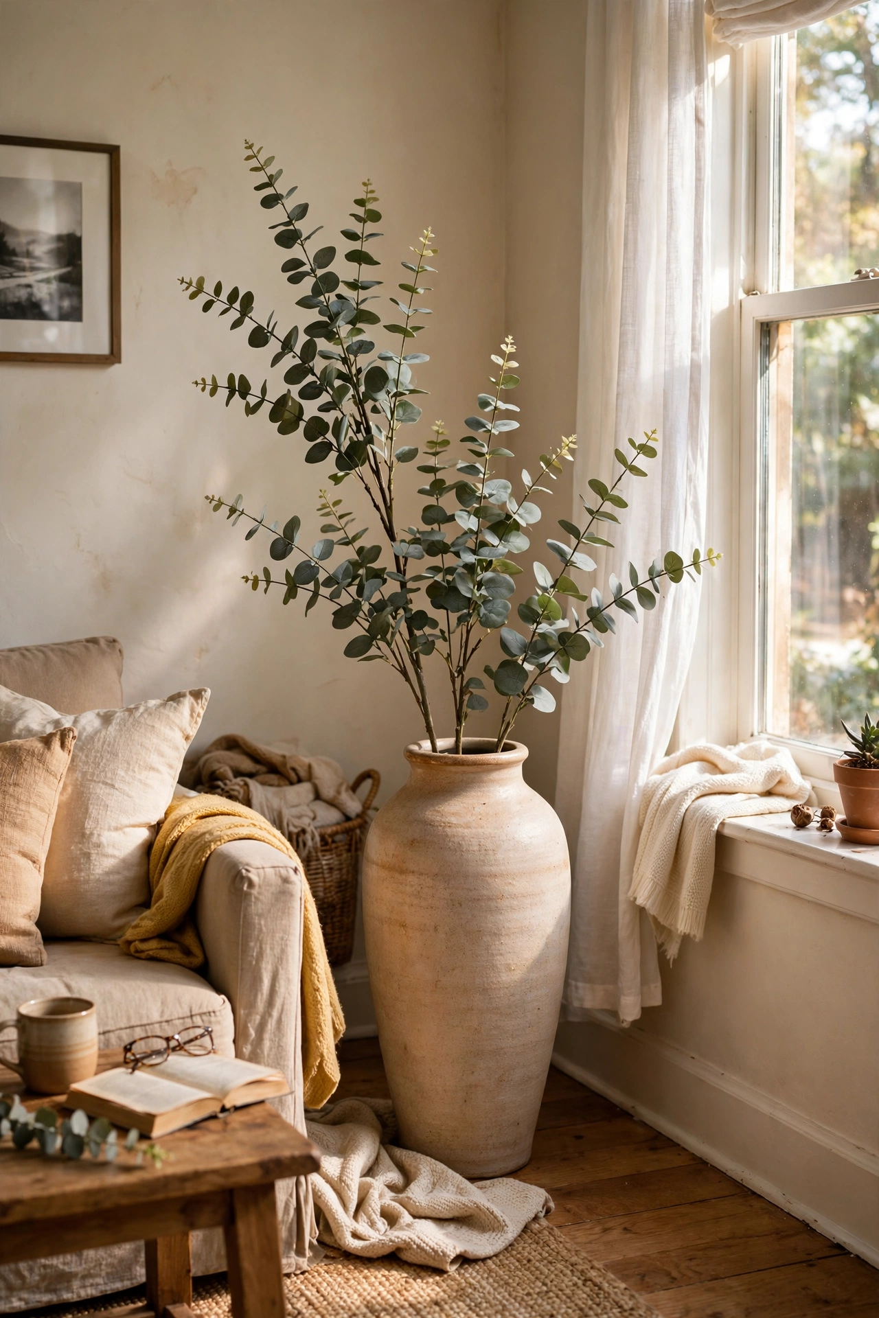 Tall ceramic floor vase with faux eucalyptus stems in a living room corner