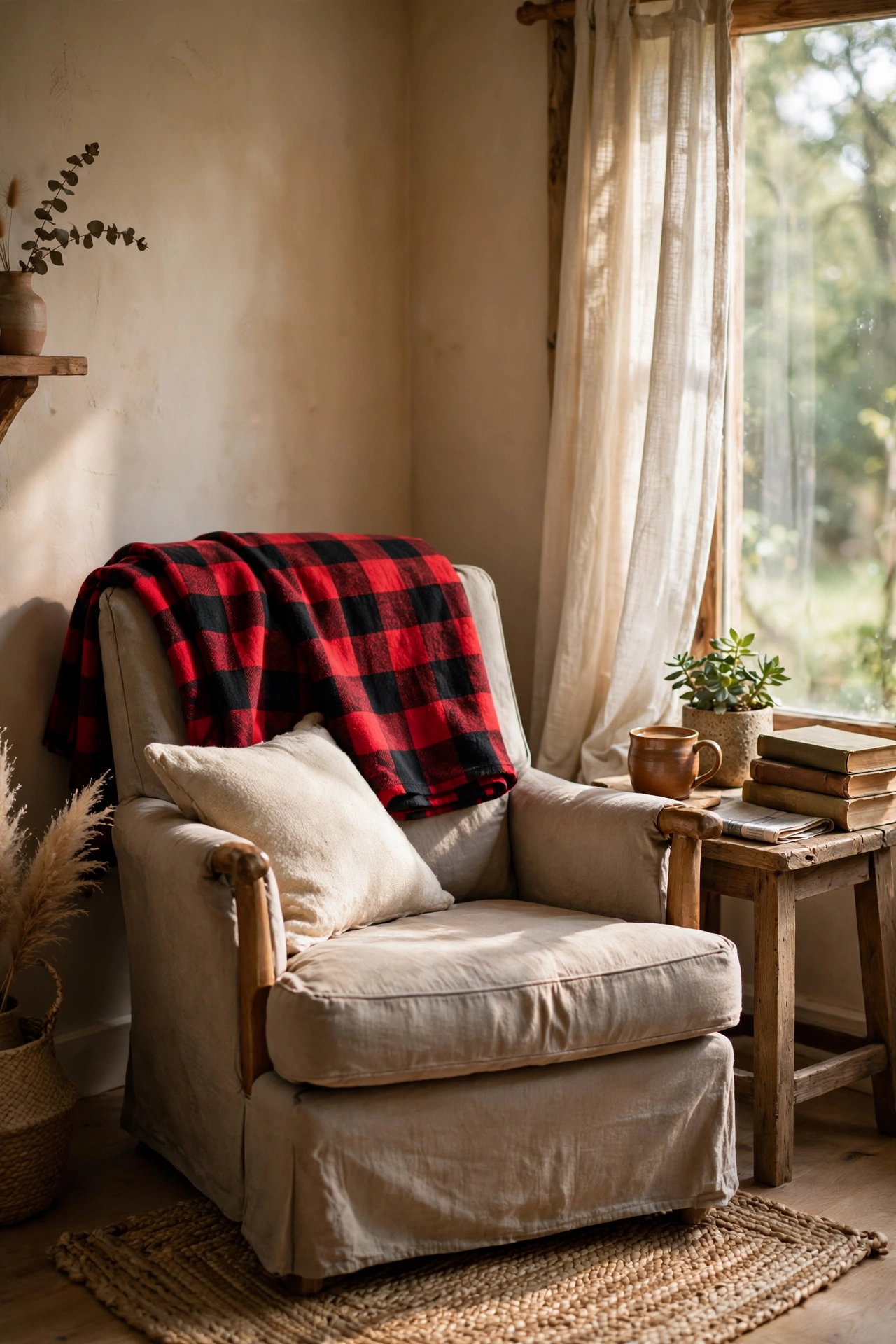 Red and black buffalo plaid blanket folded over the back of a reading armchair