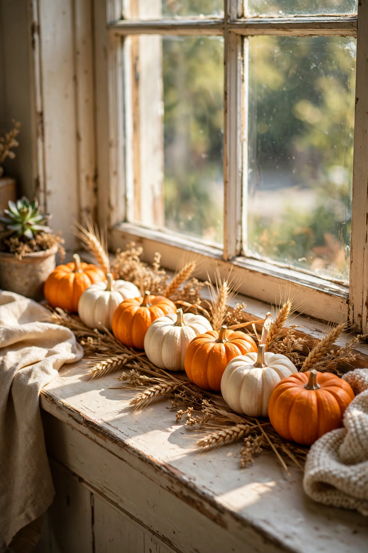 Mini orange and white pumpkins lined along a windowsill with dried wheat sprigs