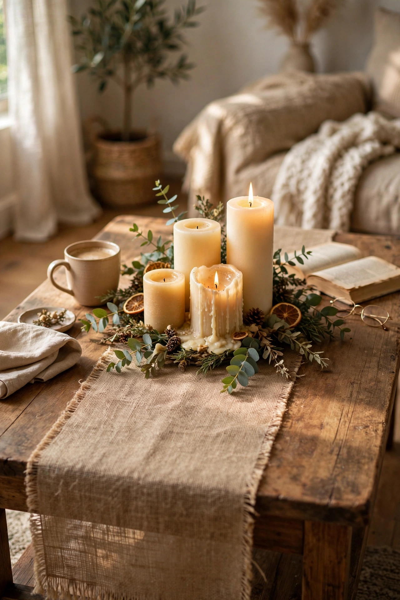 Burlap table runner down the centre of a wooden coffee table with candles