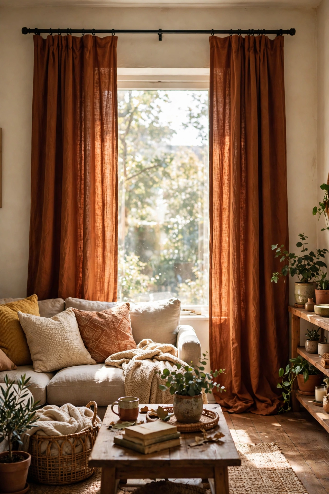 Rust-coloured curtain panels hung high and wide on a living room window